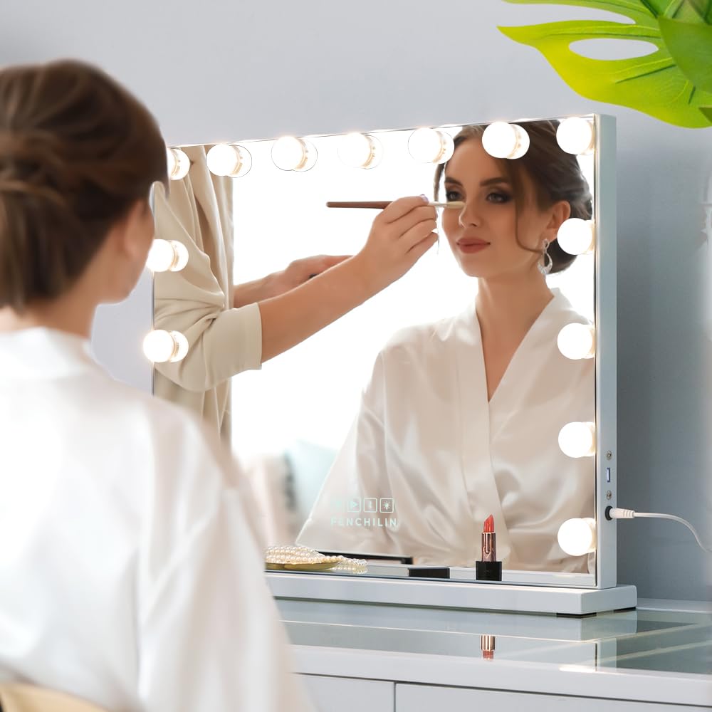FENCHILIN Hollywood Vanity Mirror with 15 LED Lights, Bluetooth Speaker, USB Charging Port - 3 Color Modes, Dimmable Touch Control, 10x Magnifying - Perfect for Makeup, Grooming & Home Salon Setup