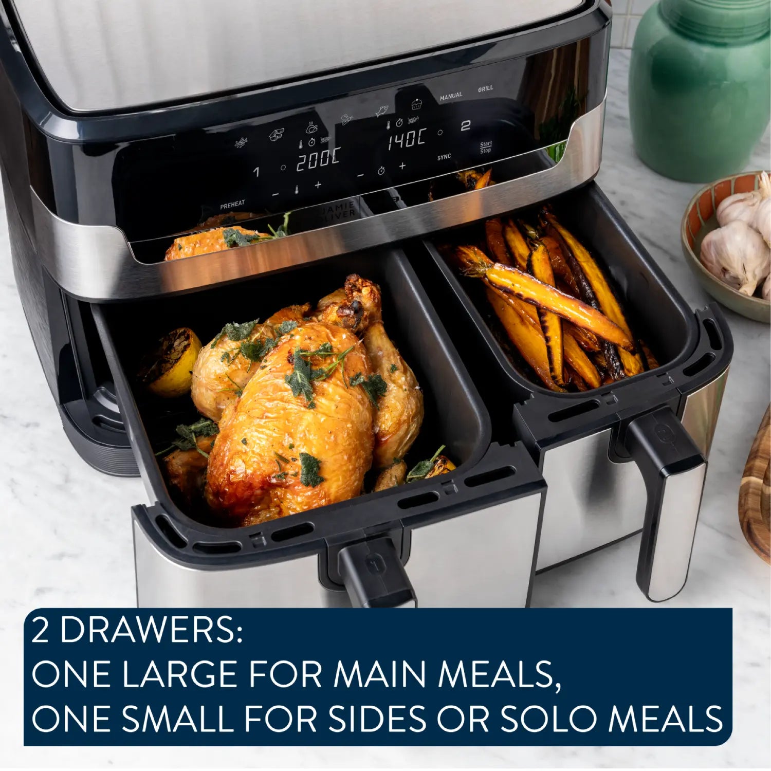 Jamie Oliver by Tefal Dual Air Fryer 8.3L EY905J - Large Capacity Healthy Oil-Free Cooking for Family Meals, Snacks & Roasts