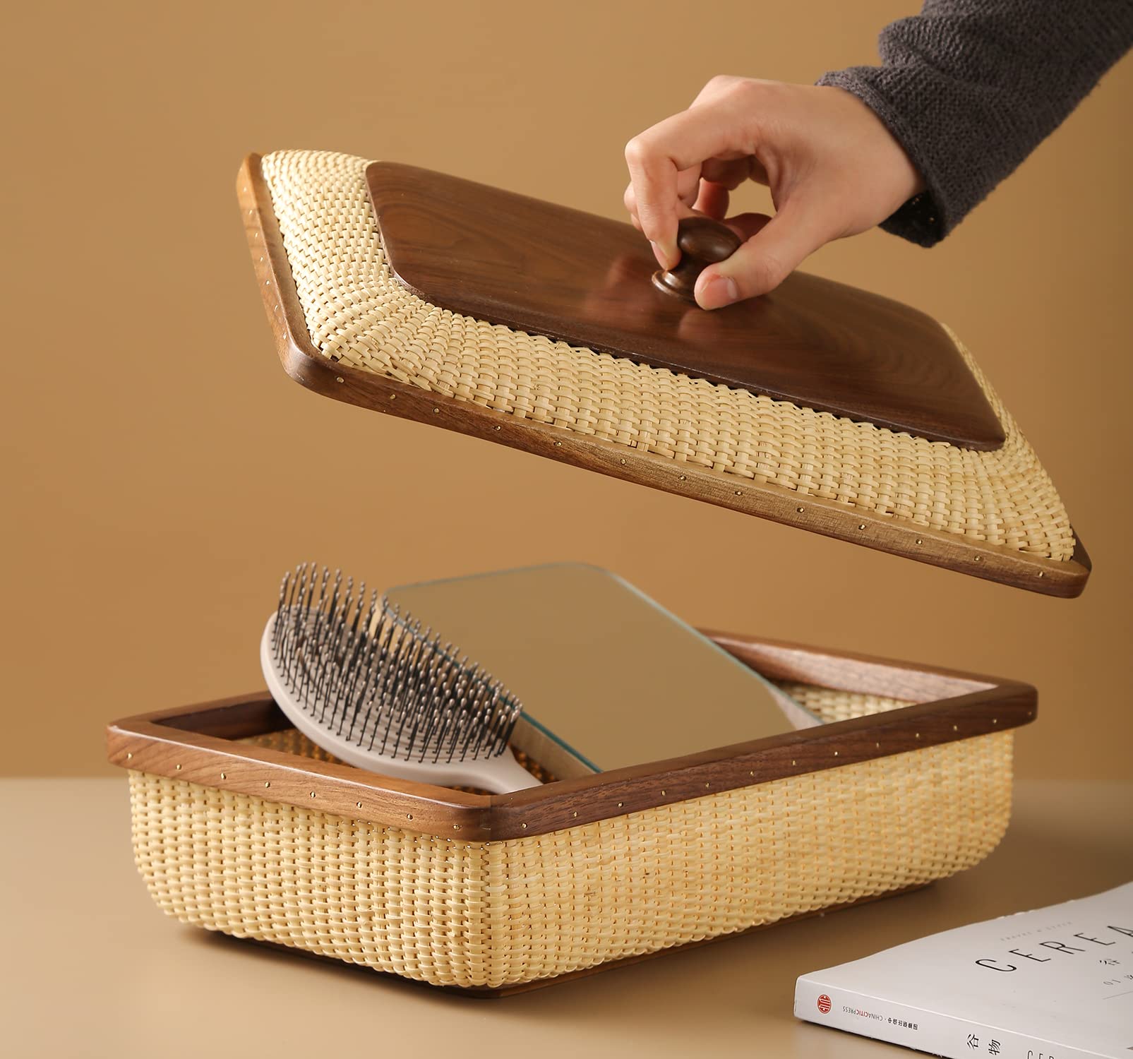 Handmade Nantucket Basket with Lid - Rectangular Cane Woven Storage Container for Home Organization | Decorative Shelf Baskets for Living Room, Bedroom & Bathroom Storage
