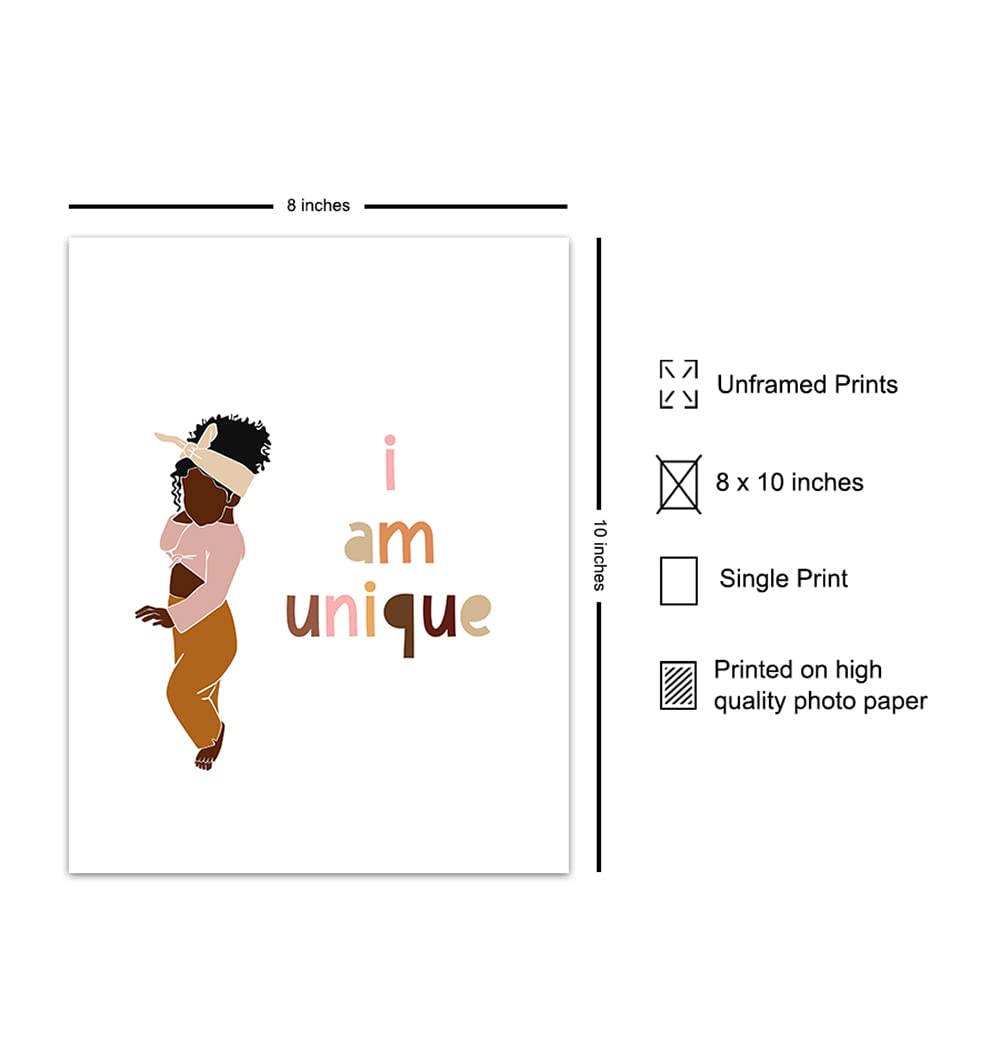 African American Girl Wall Art - Motivational Inspirational Quotes Poster for Black Culture - Positive Affirmations Decor - Cute Little Girls Bedroom Wall Decor - I Am Unique - Perfect for Nursery, Kids Room & Office Inspiration
