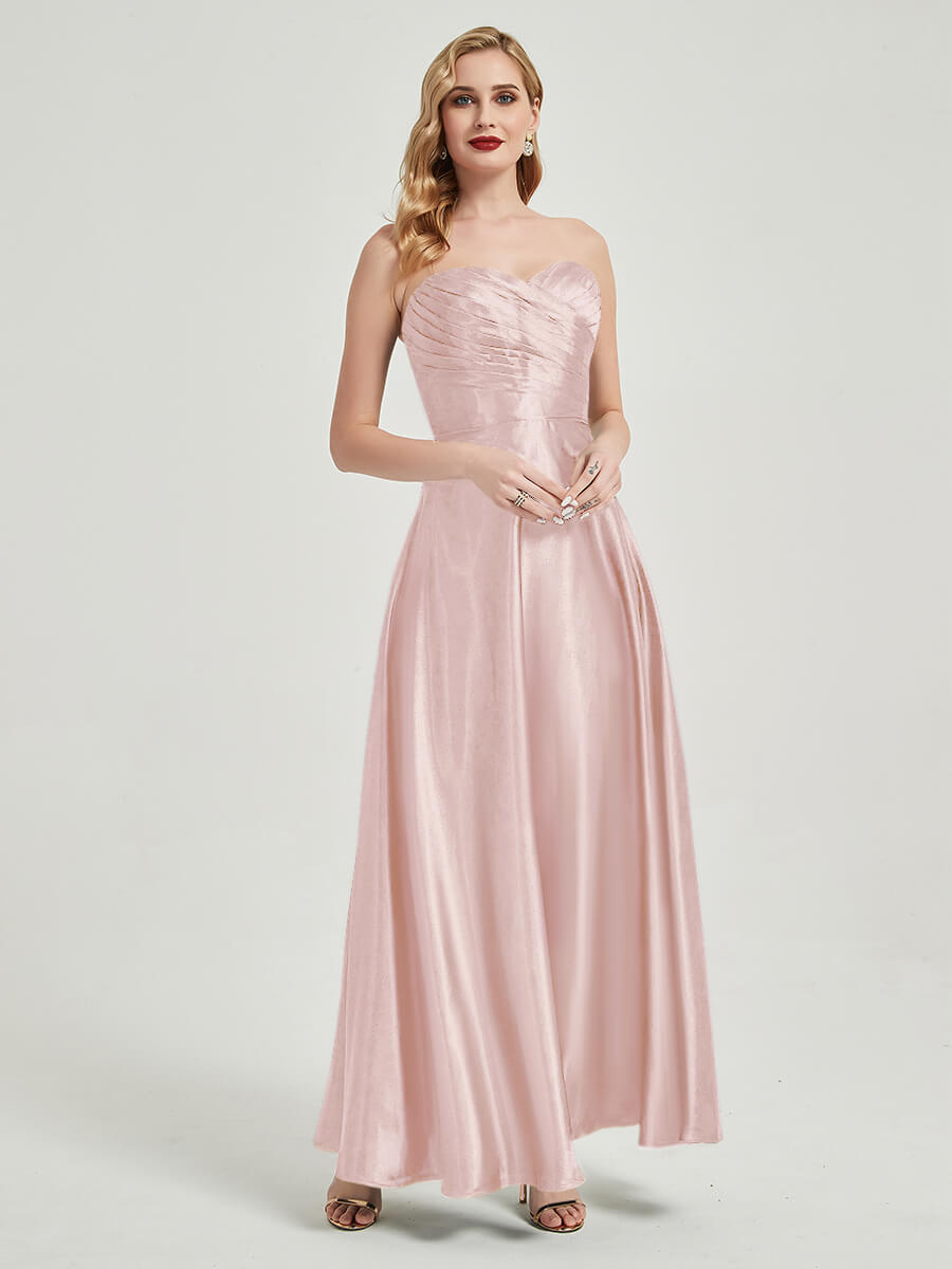 Blush Satin Sweetheart Strapless Floor-Length Pleated Bridesmaid Dress - Elegant Formal Gown for Weddings, Prom & Special Occasions