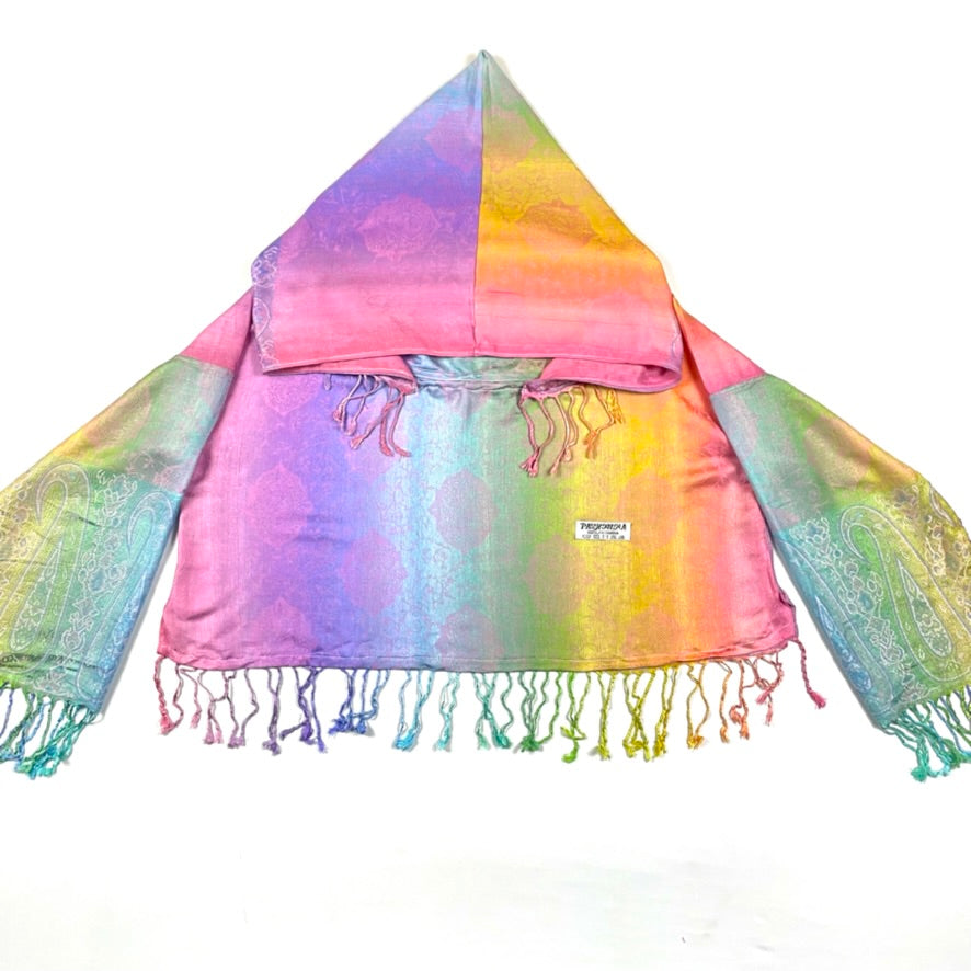 Pastel Rainbow Pashmina Long Sleeve Crop Top for Women - Soft & Comfortable Summer Fashion - Perfect for Beach, Music Festivals & Casual Outings