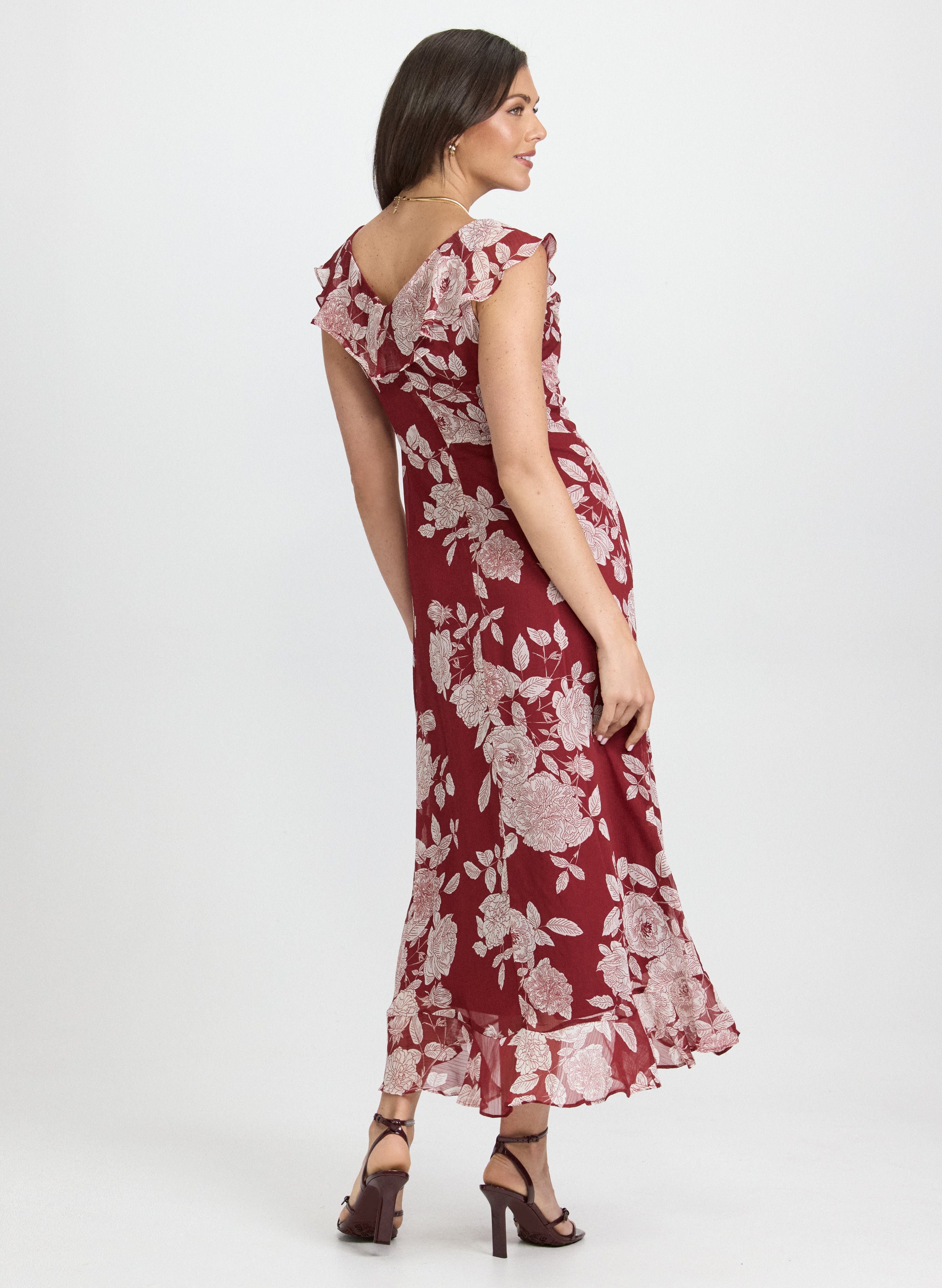 Floral Flounce Front Dress - Elegant Summer Midi Dress for Women, Perfect for Weddings, Parties & Date Nights