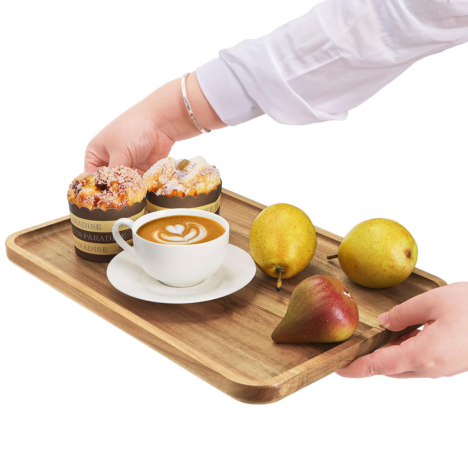 YOUEON Set of 2 Acacia Wood Serving Trays with Raised Edge - 14.2 x 9.5 Inch Rectangular Wooden Plates for Appetizers, Cheese, Sandwiches, Desserts, Coffee, Fruits & Cookies - Perfect for Entertaining, Kitchen Serving, Party Snacks & Coffee Table Decor