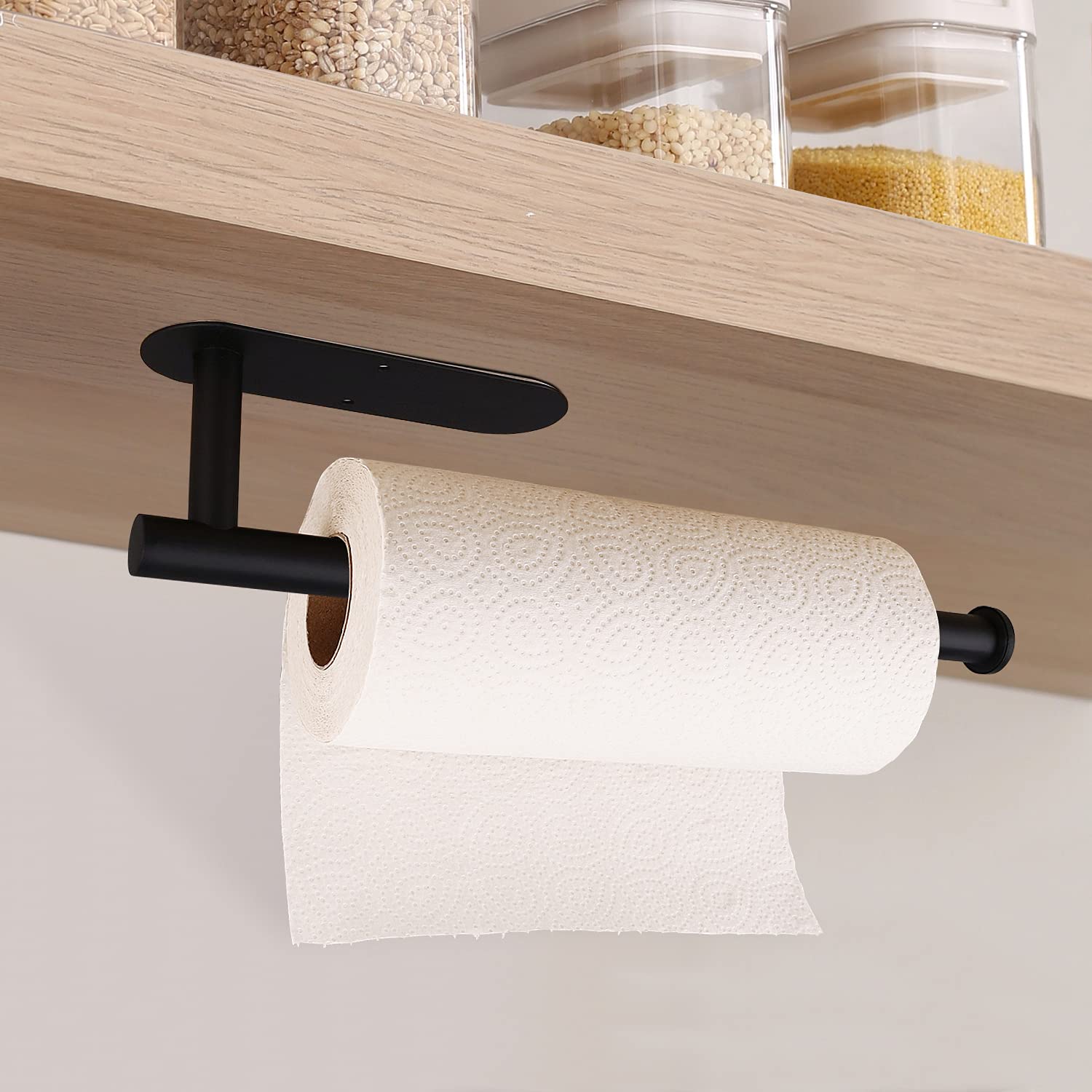 Black Paper Towel Holder for Kitchen - Under Cabinet Mount with Adhesive & Screws - Stainless Steel Roll Holder for Bulk Paper Towels - Perfect for Countertop & Cabinet Organization