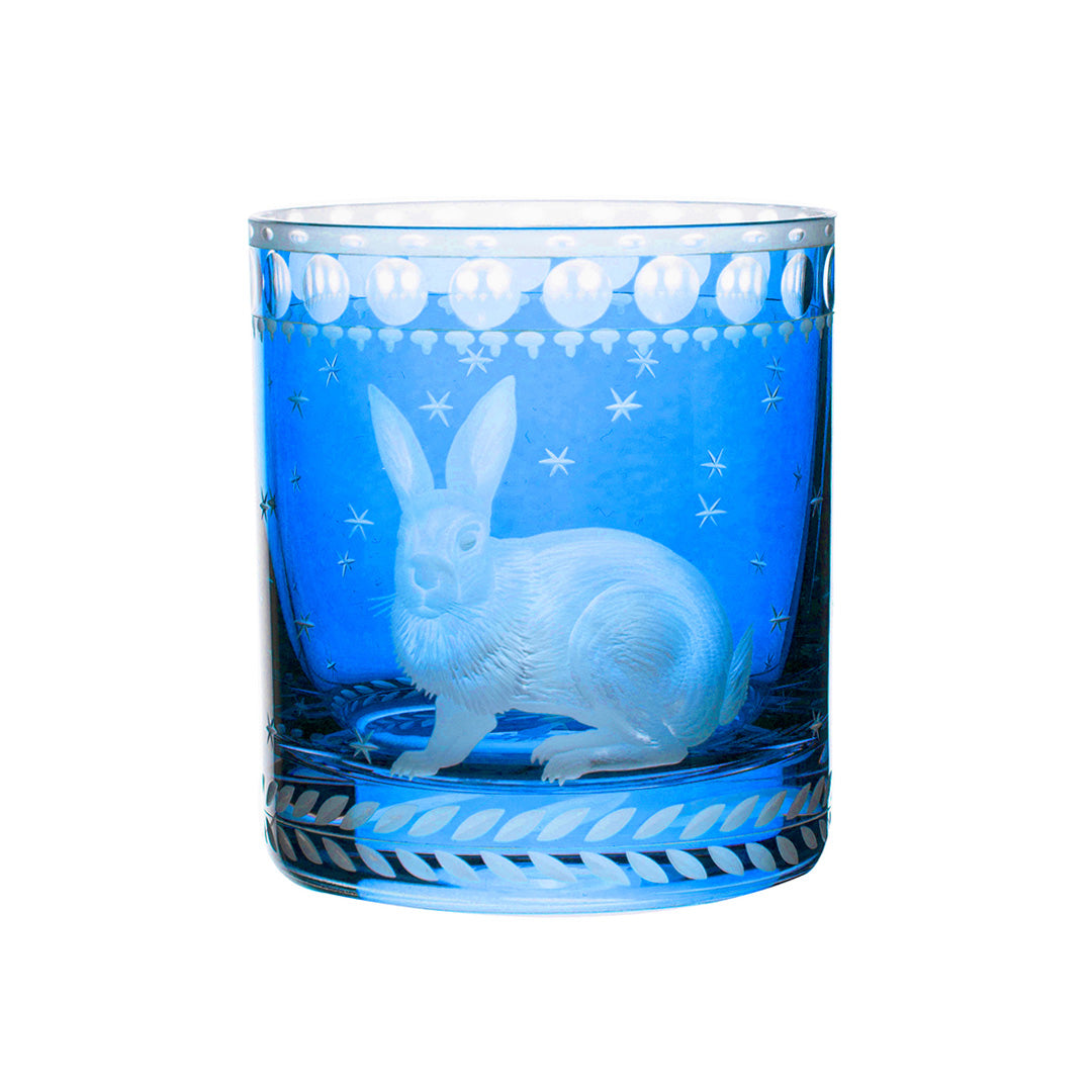 Staro Barnyard Rabbit Double Old Fashioned Whiskey Glass Set - Vintage Style Azure Blue Drinking Glasses for Cocktails, Bourbon & Scotch - Perfect for Home Bar, Parties & Gifts