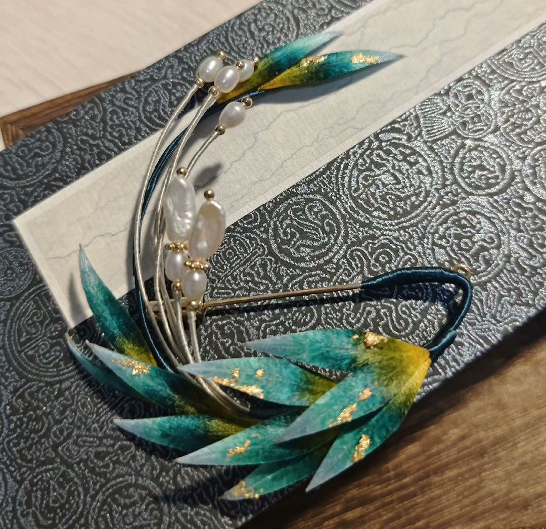 Elegant Green Leaves Silk Brooch - Handcrafted Floral Pin for Women | Perfect for Weddings, Parties & Formal Occasions