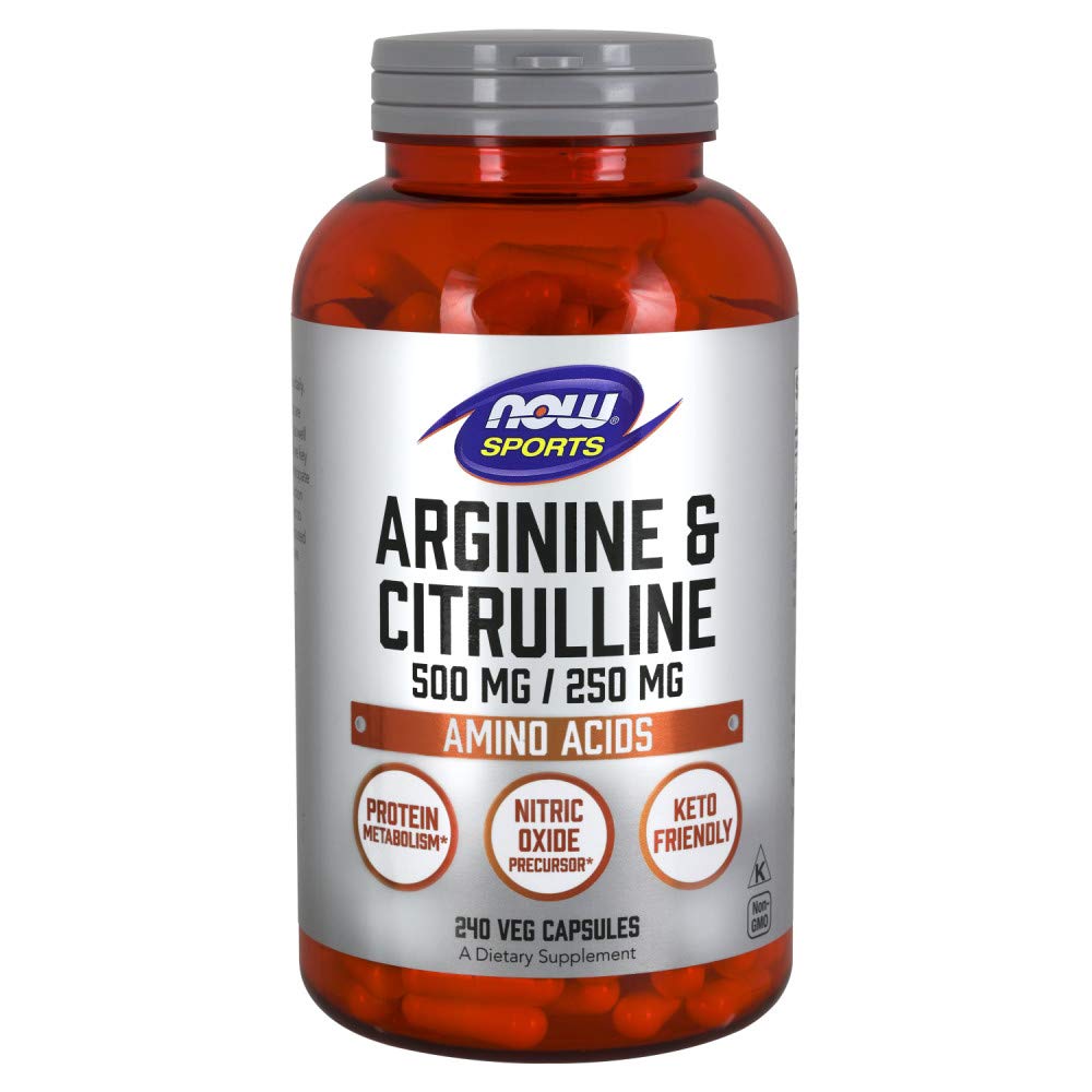 NOW Sports Nutrition Arginine & Citrulline 500mg/250mg Amino Acid Supplement - 240 Vegan Capsules for Muscle Recovery, Workout Performance & Heart Health | Pre-Workout & Post-Workout Support