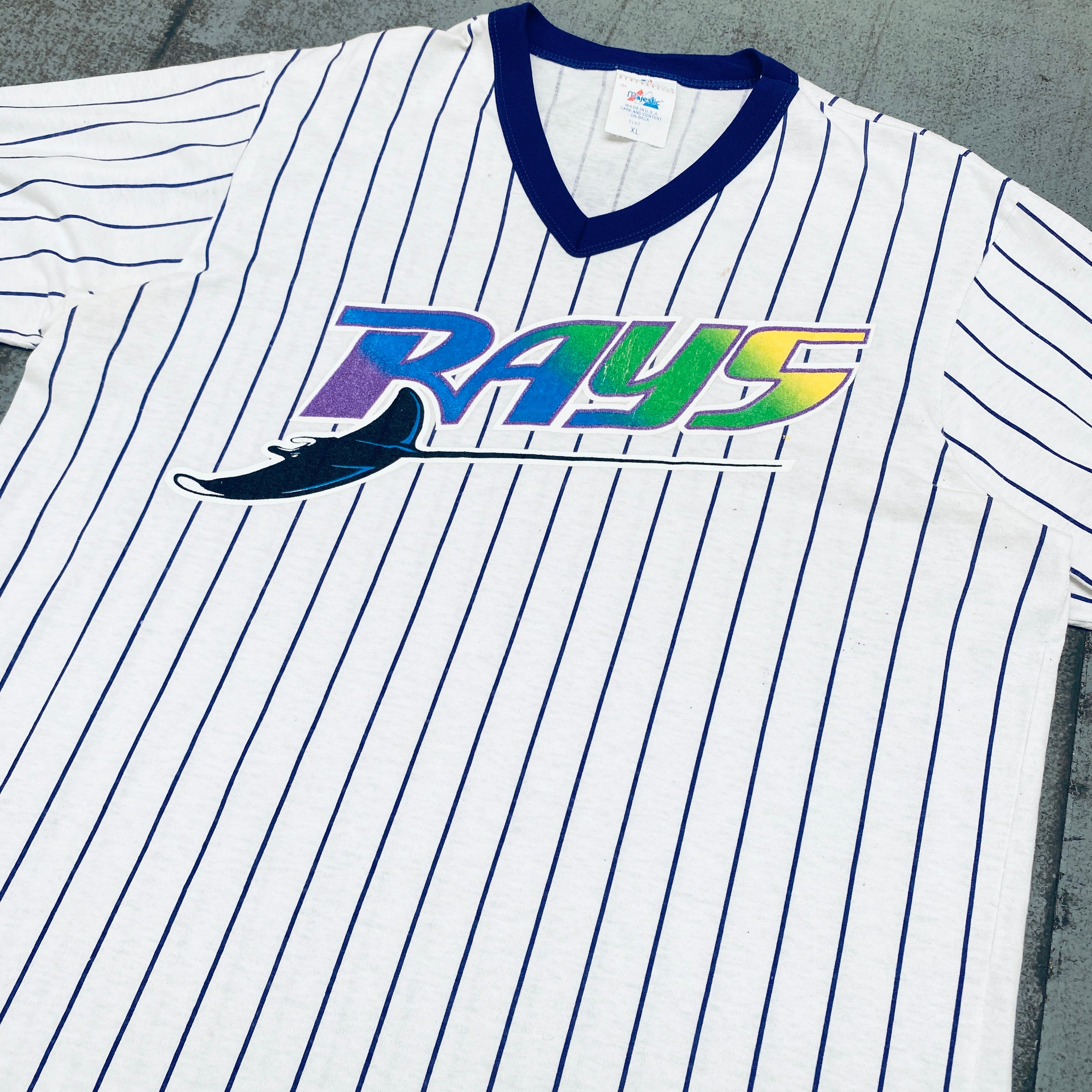 1998 Tampa Bay Devil Rays Inaugural Season Majestic Pinstripe Baseball T-Shirt (Large) - Vintage MLB Fan Apparel for Baseball Games & Retro Sports Collections