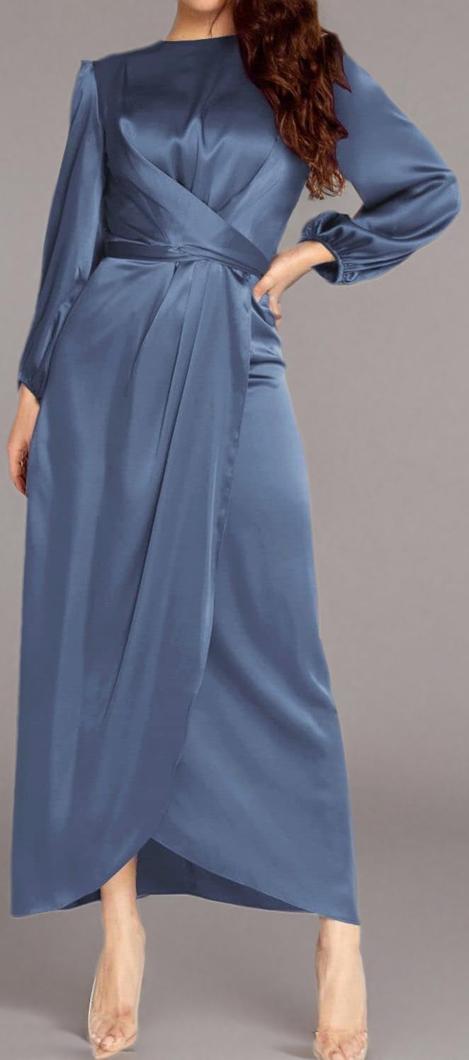 Elegant Empire Waist Long Sleeve Satin Maxi Dress for Women - Perfect for Weddings, Parties & Special Occasions