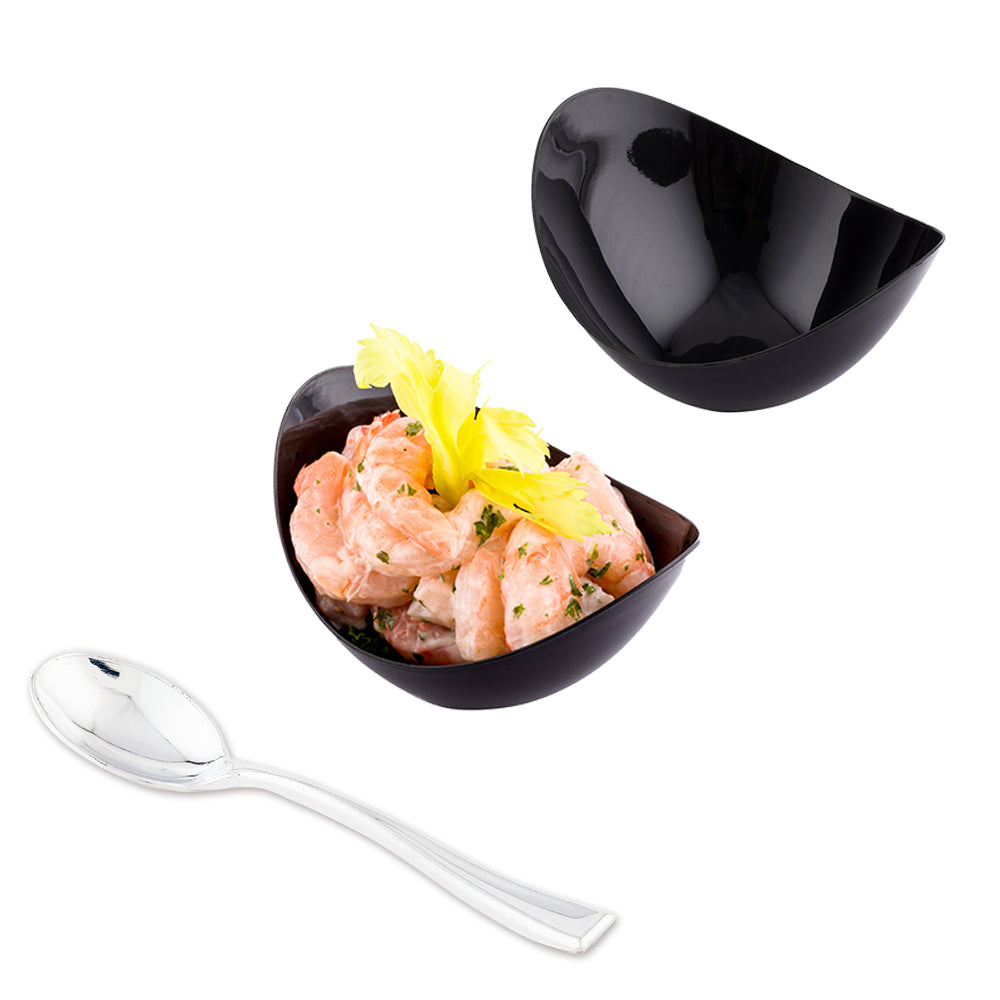100-Pack 2 oz Oval Black Plastic Tasting Dishes with 100 Silver Mini Plastic Spoons - Perfect for Wine, Cheese, and Dessert Tastings, Parties, and Catering Events