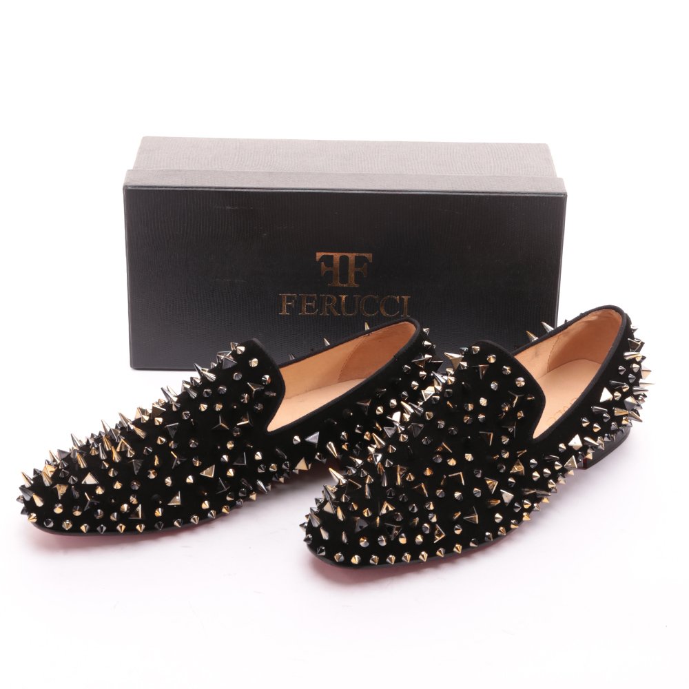 FERUCCI Men's Black Velvet Loafers with Gold Spikes - Comfortable Slip-On Slippers for Indoor/Outdoor Wear, House Shoes for Relaxing at Home or Casual Outings