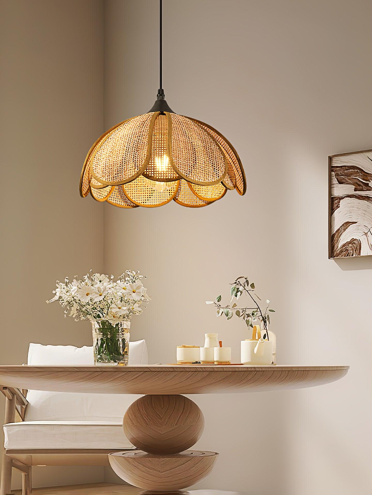 Handwoven Bloom Rattan Pendant Light - Natural Boho Ceiling Lamp for Living Room, Bedroom & Dining Room - Eco-Friendly Wicker Hanging Light Fixture for Indoor Decor