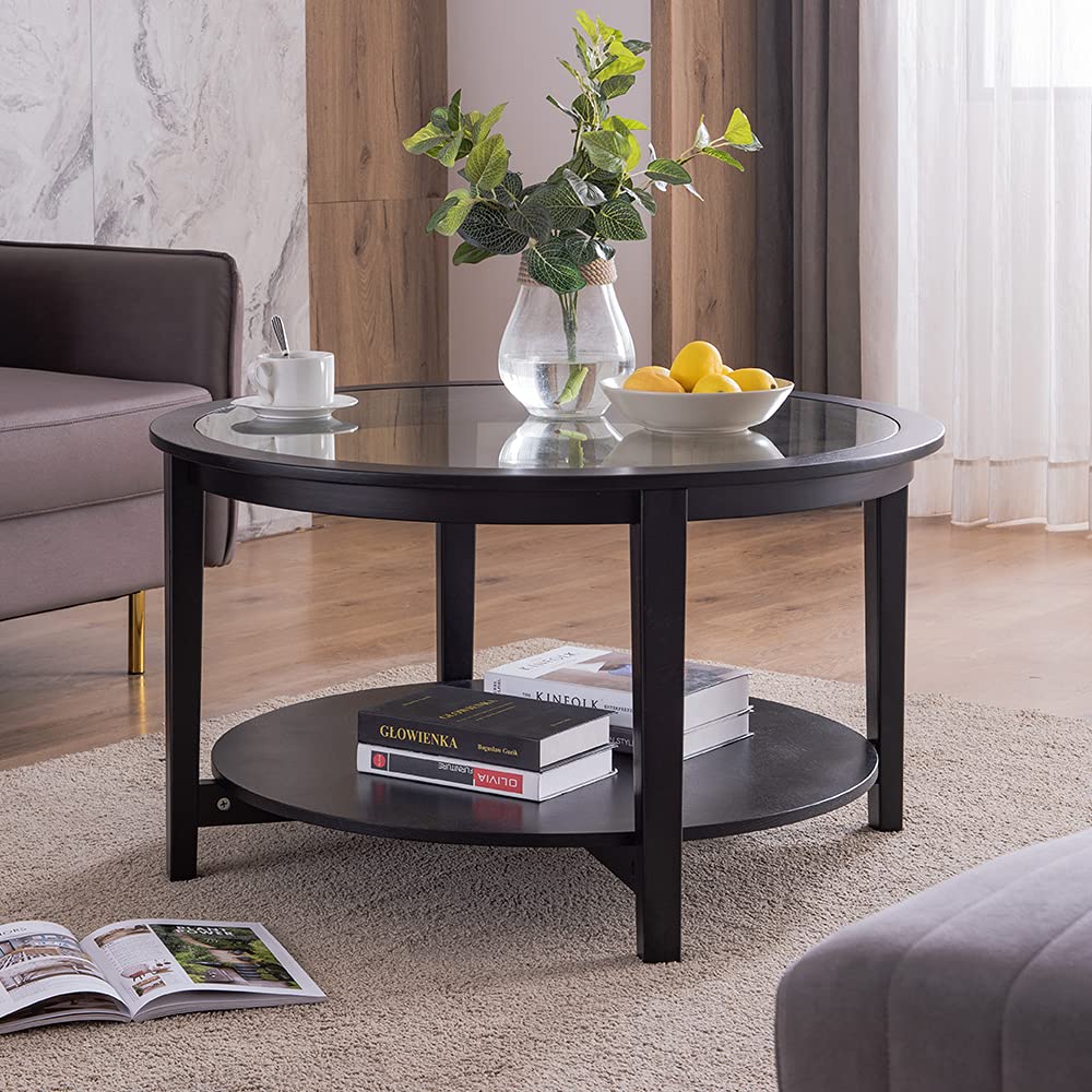 Lifeisbetter 36 Inch Modern Round Coffee Table with Large Storage Space, Glass Top Side Table for Living Room & Dining Room, Sturdy Metal Frame (Black) - Perfect for Small Spaces, Home Decor & Entertaining Guests