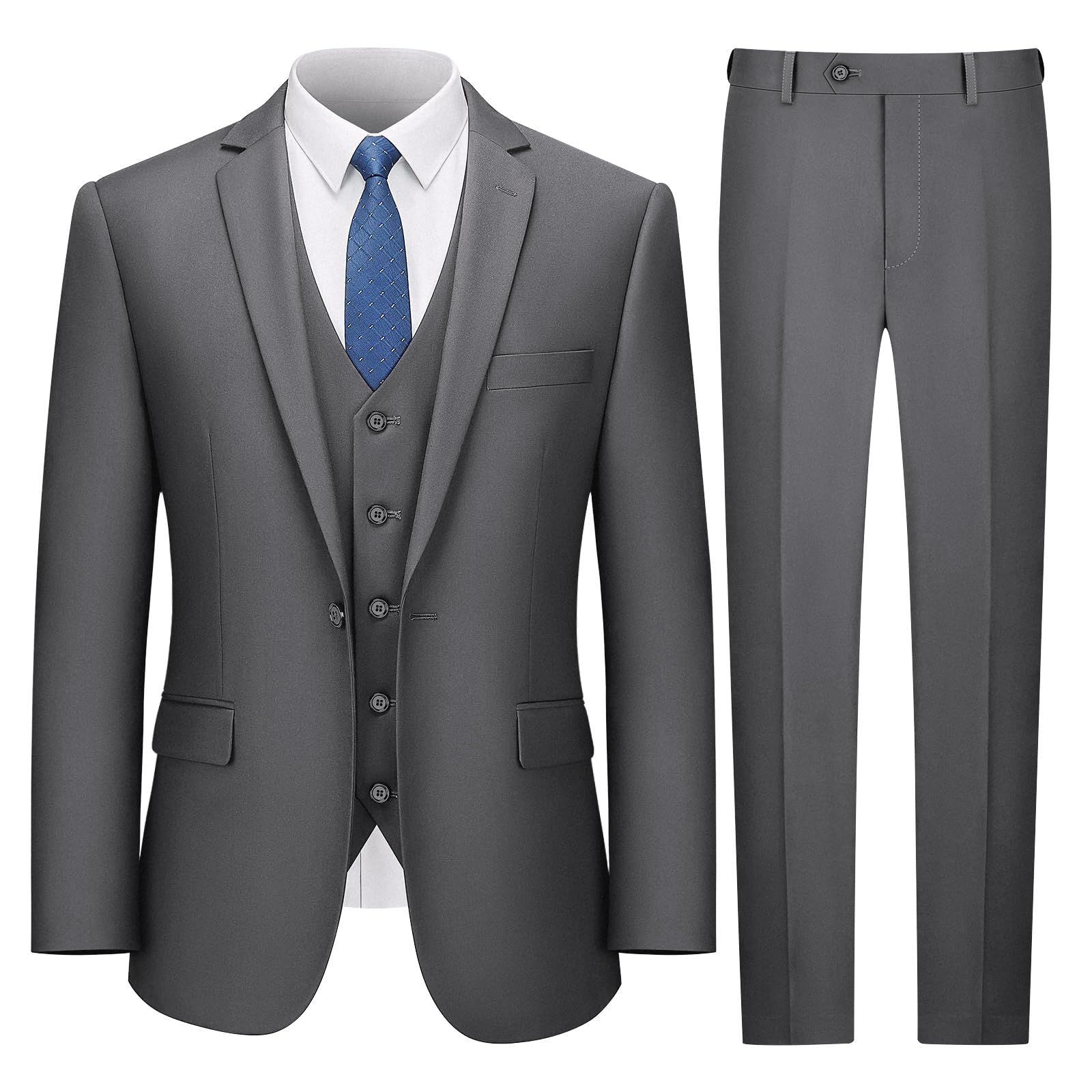 LUPURTY Men's 3 Piece Slim Fit Suit Set - One Button Tuxedo with Jacket, Vest & Pants + Free Tie | Formal Business Attire for Weddings, Office & Special Occasions