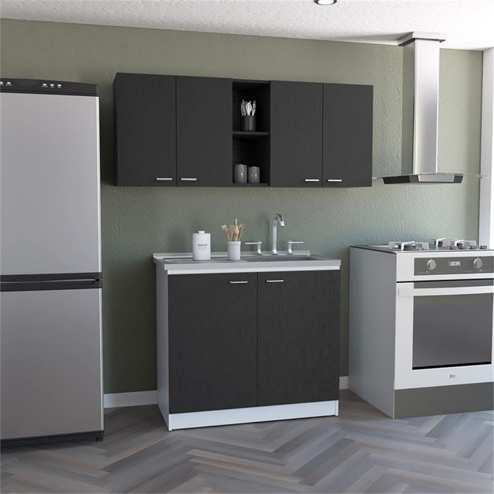 Luther 2-Piece Kitchen Set - Wall Cabinet & Utility Sink Cabinet in Black/White | Perfect for Small Kitchens, Laundry Rooms & Bathroom Storage