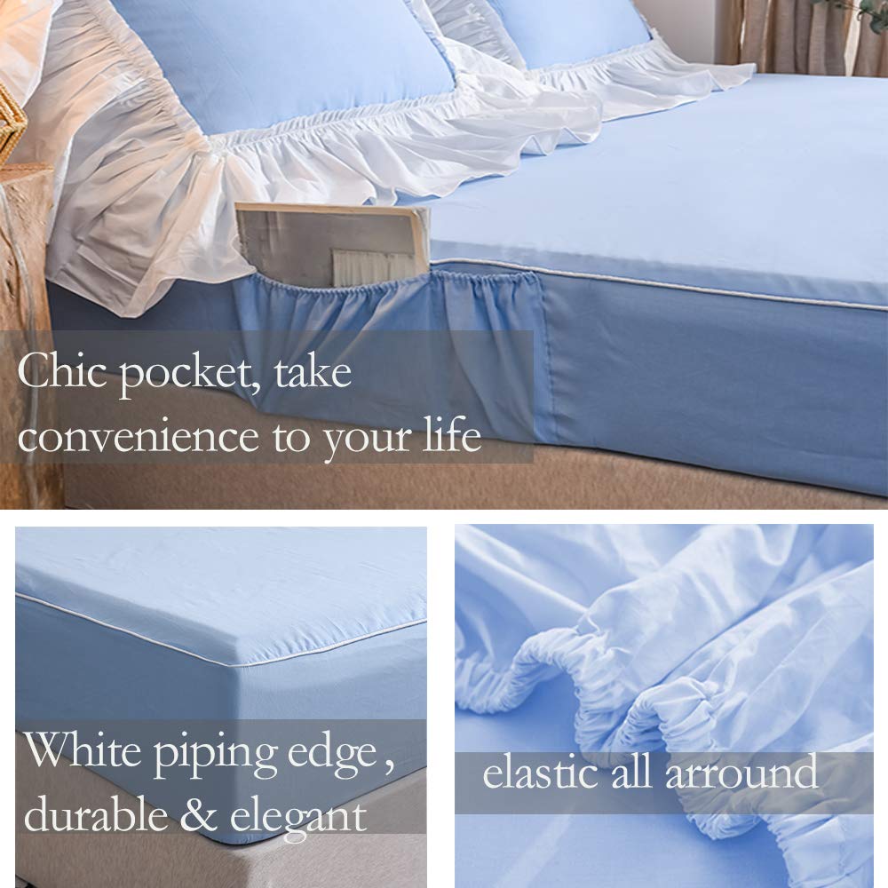 Premium 100% Cotton 600 TC Smart Sheet with Side Pocket & Duvet Cover Set - 4 Piece Light Blue Ruffled Bedding Set for Queen Size Bed | Romantic Princess Style | Perfect for Guest Rooms, Master Bedrooms & Cozy Home Decor