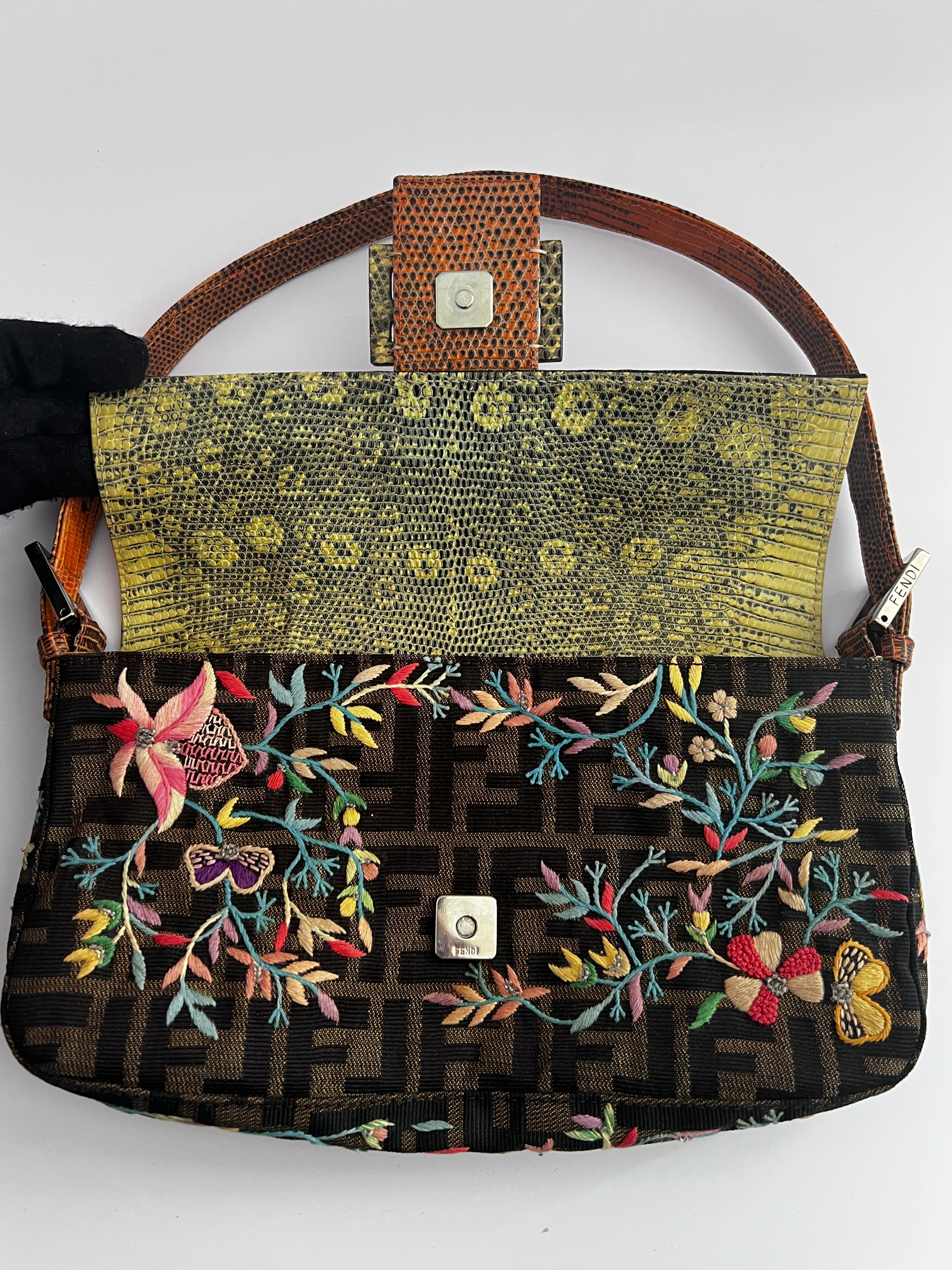 Vintage Fendi Embroidered Lizard Skin Trimmed Zucca Baguette Bag - Luxury Designer Handbag for Women, Perfect for Evening Parties & Special Occasions