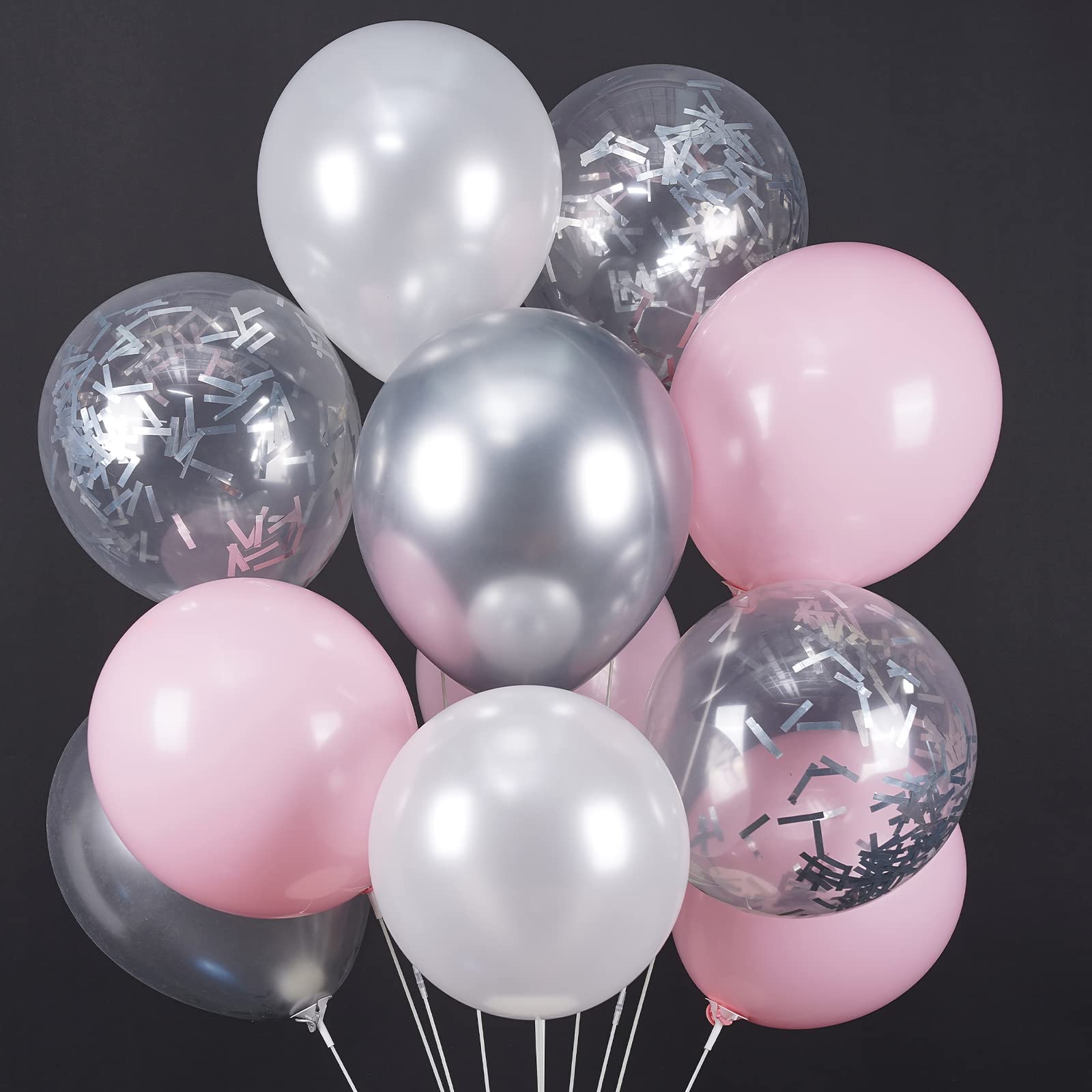 PartyWoo 60-Pack Pink & White Balloons Set with Silver Metallic & Confetti - Latex Balloons for Birthday Party Decorations, Baby Showers, Bridal Showers & Anniversary Celebrations
