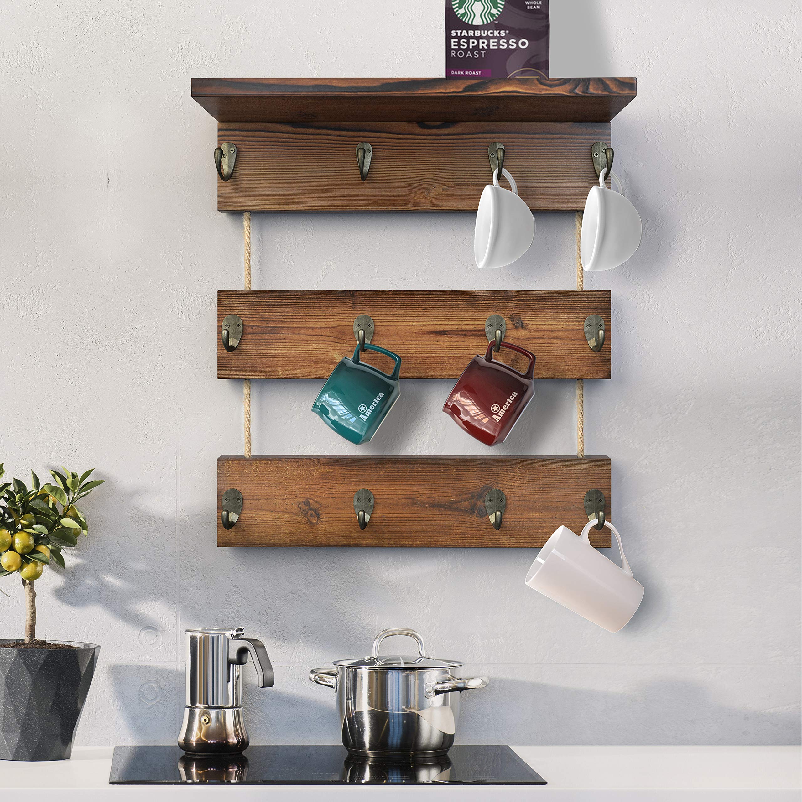 12 Hooks Solid Wood Coffee Cup Holder with Shelf - Rustic Mug Rack for Kitchen, Coffee Bar & Farmhouse Decor - Perfect for Organizing Mugs, Spices & Displaying Decor in Home, Cafe or Office