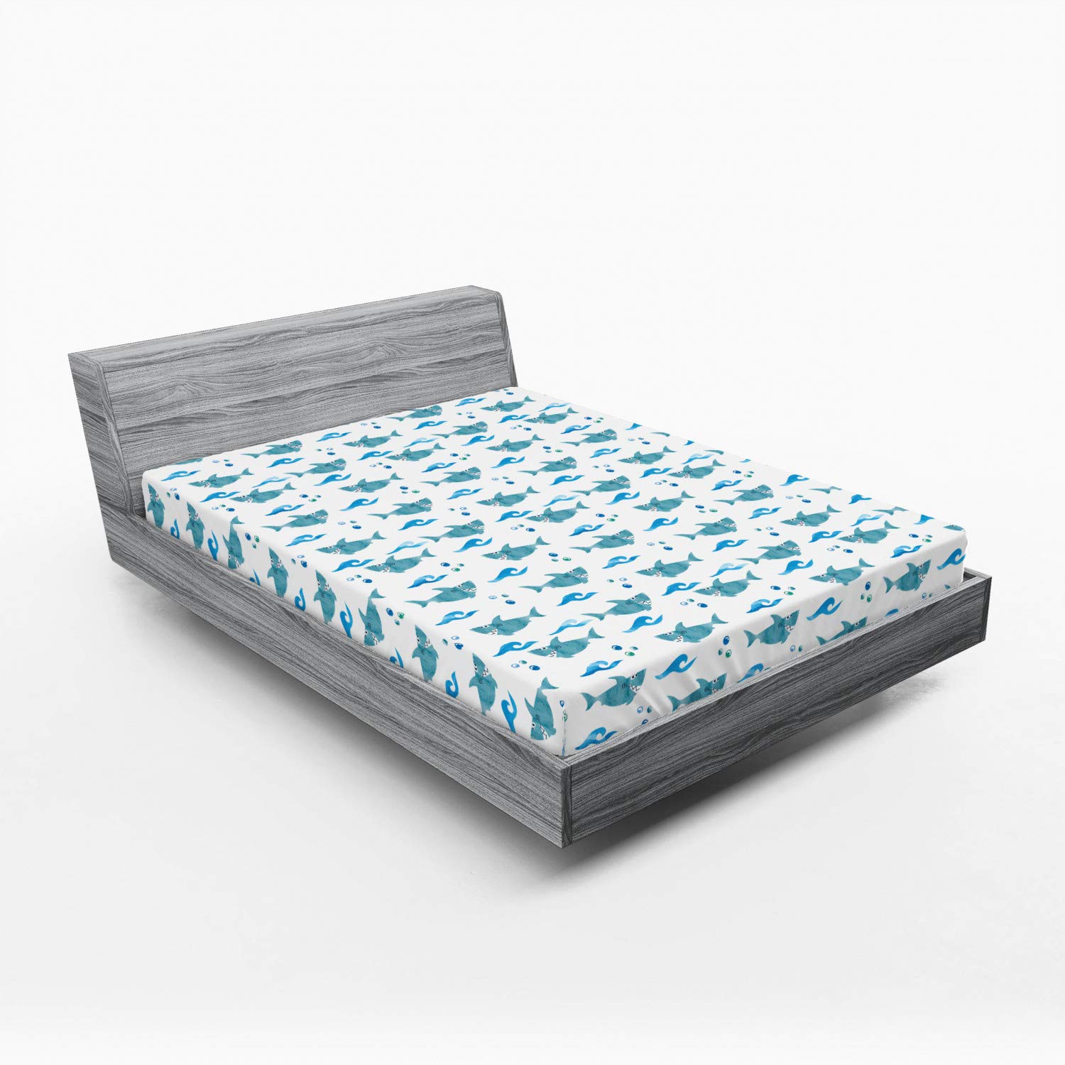 Ambesonne Shark Fitted Sheet - Queen Size Watercolor Ocean Animal Print with Silly Expressions, Bubbles & Waves - Deep Pocket All-Around Elastic Bed Cover in Pale Blue & White | Perfect for Kids' Rooms, Beach Themed Bedrooms & Shark Lovers