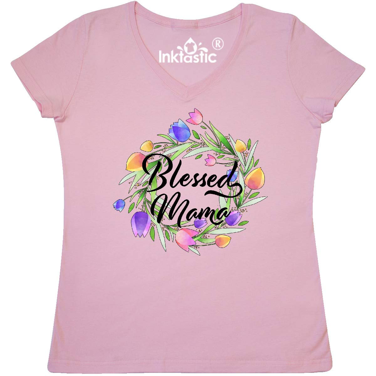 Blessed Mama with Pastel Tulips Women's V-Neck T-Shirt - Comfortable & Stylish Mother's Day Gift for Mom, Grandma, Wife | Perfect for Casual Wear, Family Gatherings & Mother's Day Celebrations