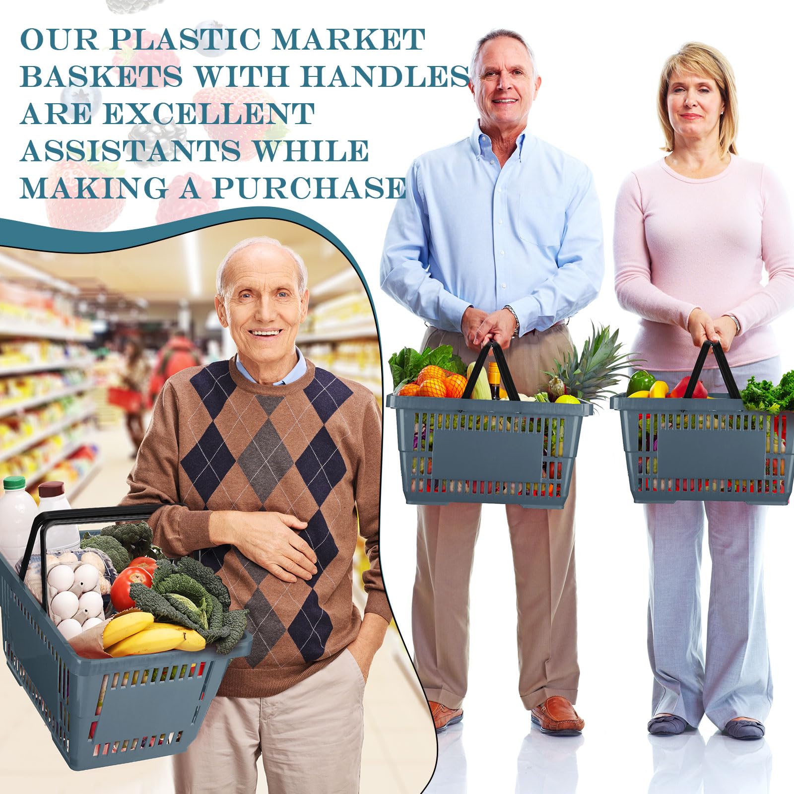 Macarrie 20-Pack Plastic Grocery Baskets with Handles - 16.9 x 11.8 x 9 Inch Bulk Shopping Baskets for Retail Stores, Supermarkets & Home Organization (Dark Gray) - Perfect for Grocery Shopping, Retail Displays & Pantry Storage