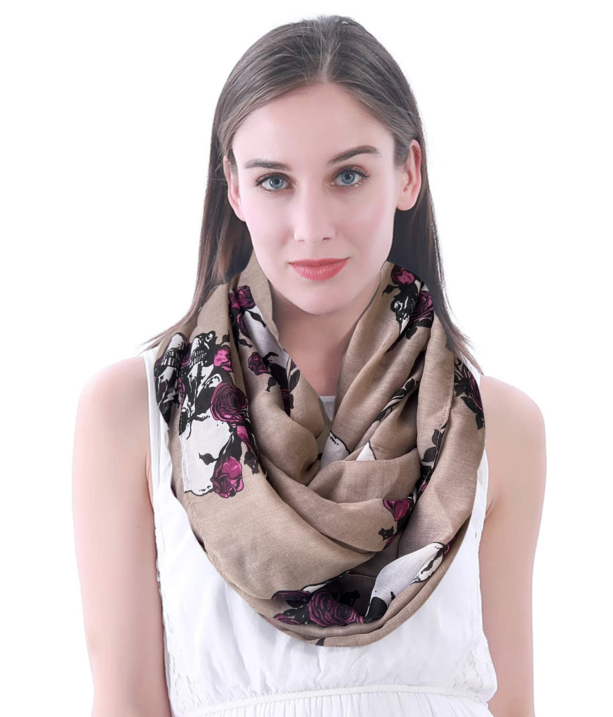 Lina & Lily Women's Lightweight Skull Rose Print Infinity Scarf - Fashion Accessory for Fall Winter Outfits, Casual Wear & Gift Ideas