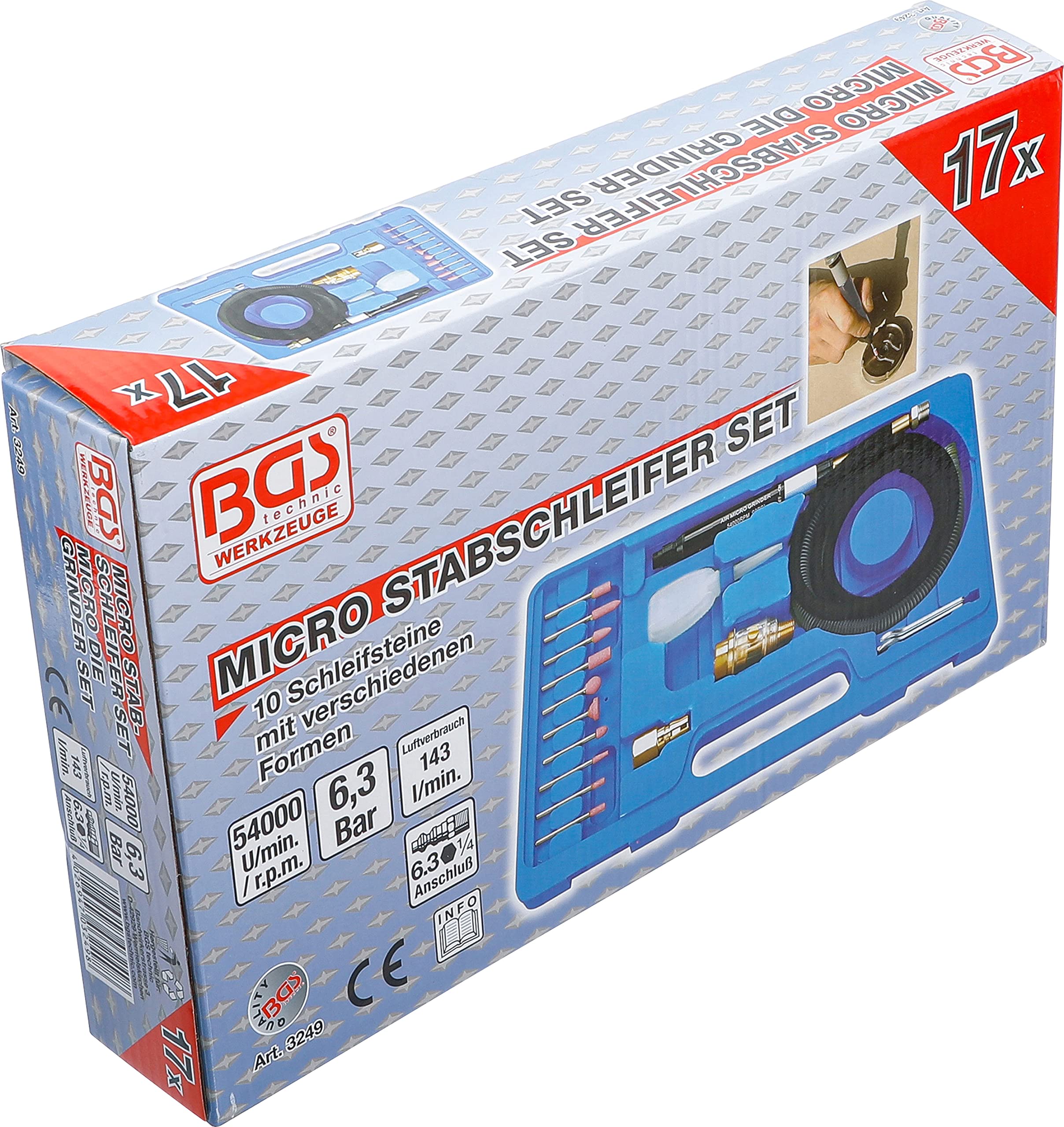BGS 3249 Micro Air Grinder Kit - 17-Piece Professional Pneumatic Tool Set with Multiple Attachments (Multicolor) - Perfect for Metal Polishing, Engraving, and DIY Crafts