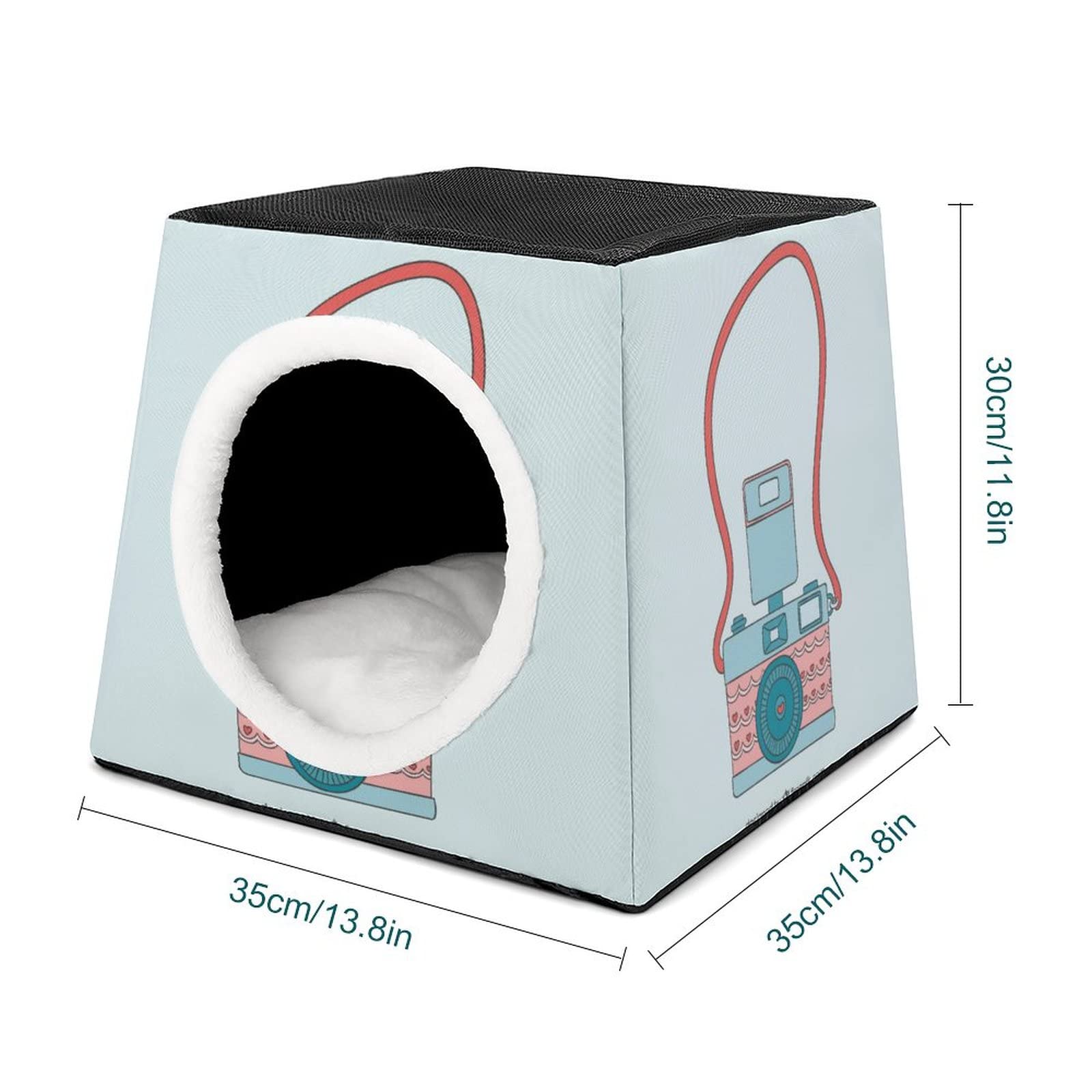 Printed Cat Houses & Condos - Foldable Cat Cube Bed with Removable Pillow - Cute Camera Cartoon Design for Indoor Cats - Perfect for Living Room, Bedroom or Office Pet Furniture