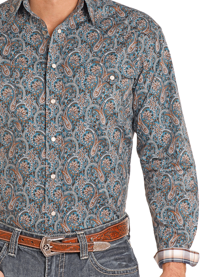 Men's Long Sleeve Snap Western Shirt - Teal Plaid Cowboy Shirt for Ranch Work, Rodeo & Casual Wear | Panhandle RMN2S04604
