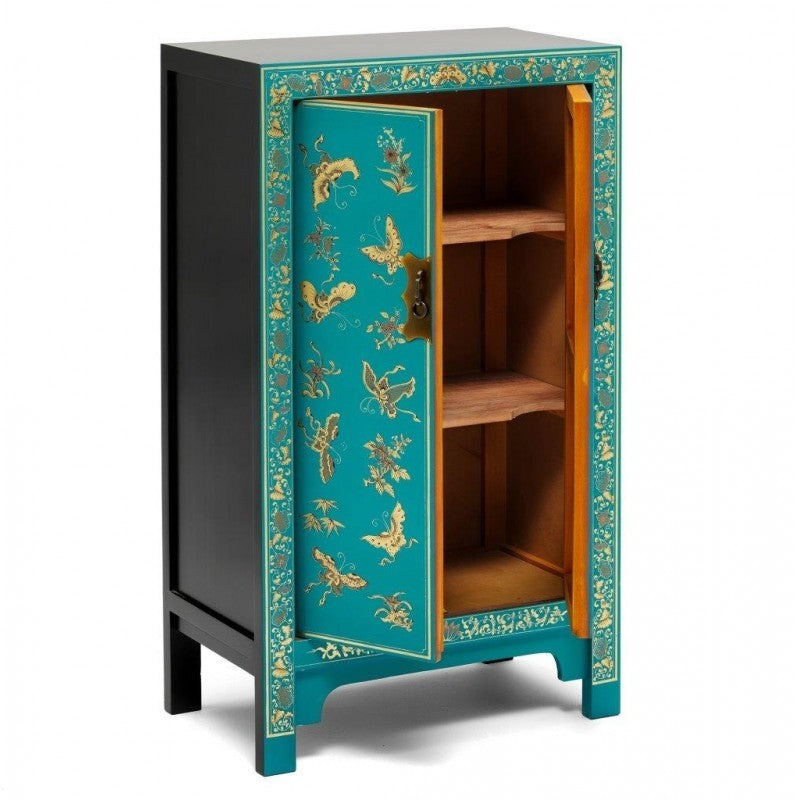 Golden Dragon Oriental Painted Solid Wood Blue Medium Cabinet 70x40x120cm - Handcrafted Asian Style Storage Furniture for Living Room, Bedroom & Office Decor