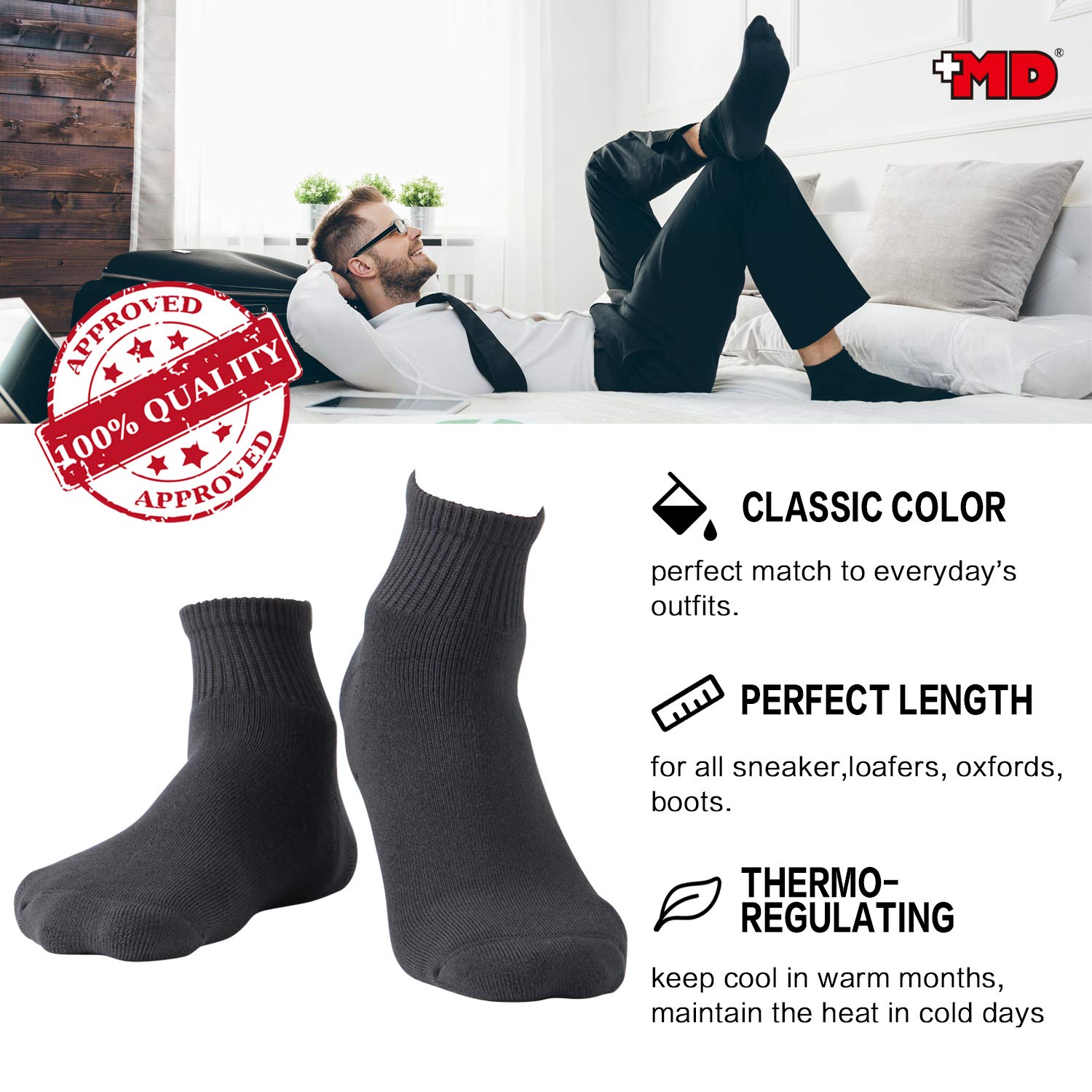 6 Pack Men's Heavy Cushioned Ankle Socks - Moisture Wicking Work & Athletic Socks for Running, Hiking & Everyday Comfort (MD Brand)