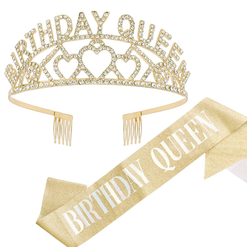 Elegant Gold Birthday Tiara for Women - Queen Crown Headband with Sash for Birthday Parties, Bridal Showers & Special Events