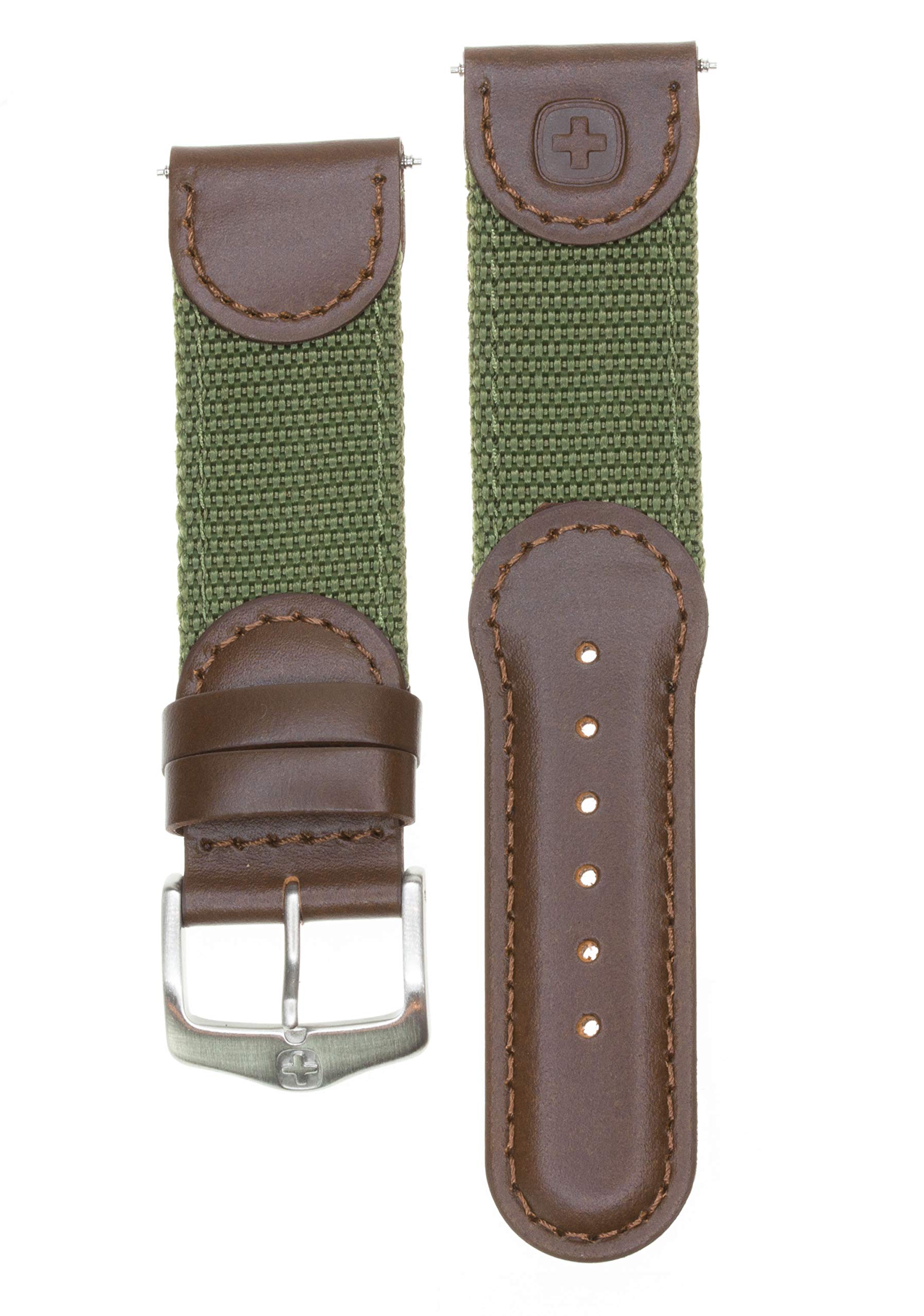 Authentic Wenger Swiss Army 19mm Genuine Brown Leather & Army Green Nylon Watch Band Replacement Strap - Perfect for Outdoor Adventures, Military Style & Everyday Wear