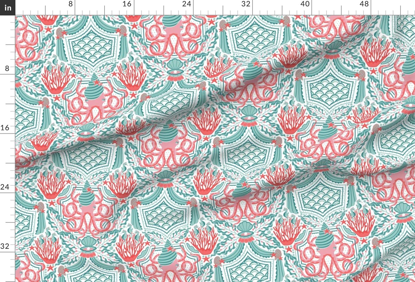 Eat Kelp Large Pink Teal Red Retro Beach Damask Seaweed Printed Minky Fabric by The Yard - Soft Plush Material for Sewing Baby Blankets, Quilt Backing & DIY Projects - Perfect for Nursery Decor, Coastal Themed Bedding & Beach House Accessories