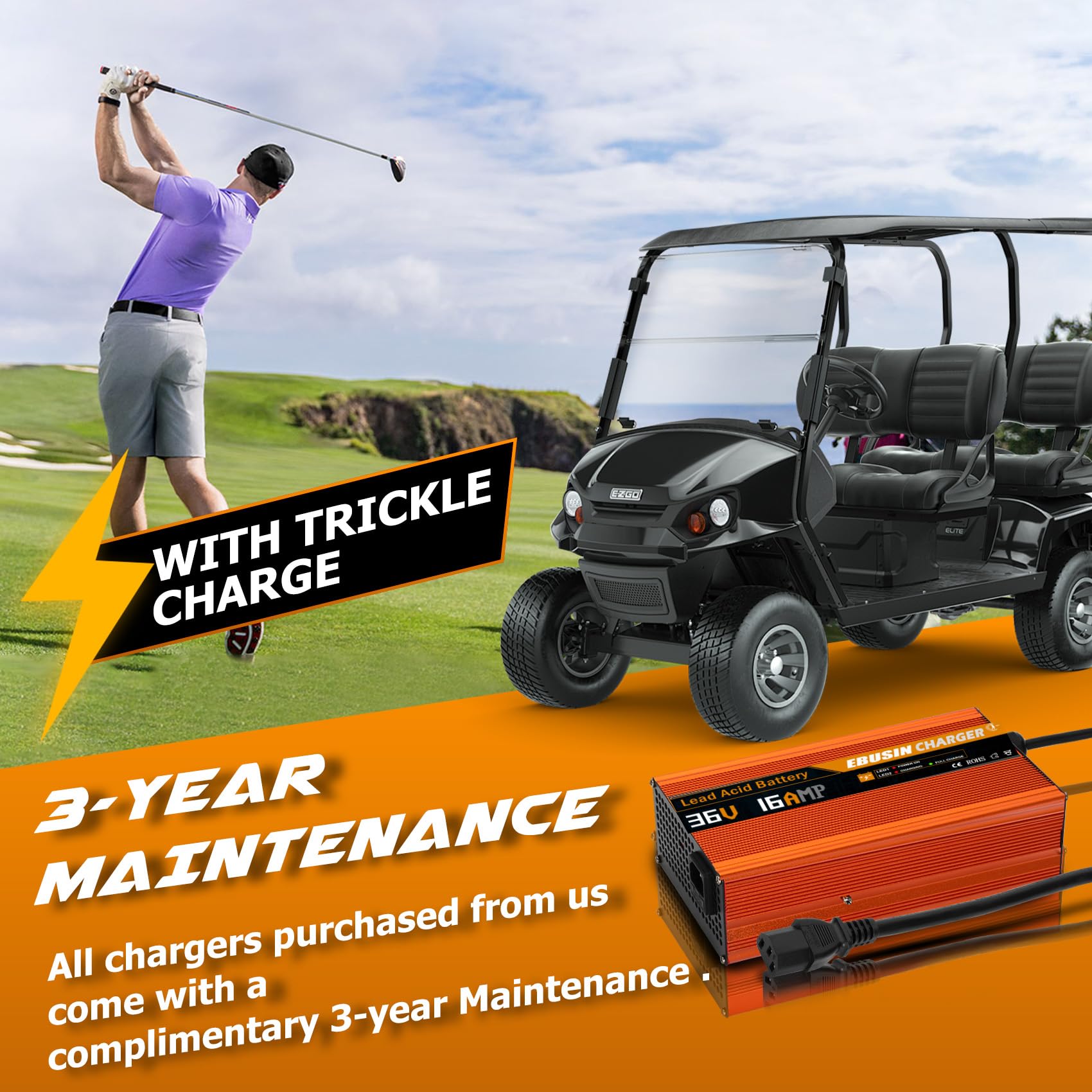 36V Golf Cart Battery Charger - Fast 4-6 Hour Full Charge with Trickle Mode | Compatible with Club Car, EZGO, Yamaha & More | Perfect for Home, Course & RV Use