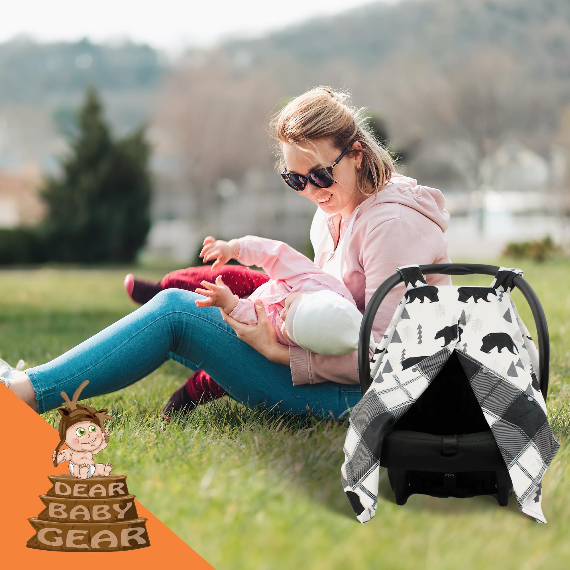 Dear Baby Gear Infant Car Seat Canopy & Winter Cover - Universal Stroller Cover - Black Bears Plaid Design (40