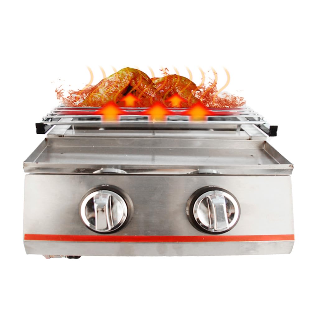 2 Burner Commercial Gas Grill - Smokeless Indoor & Outdoor BBQ Grill with Adjustable Height, LPG Propane Griddle & Removable Grill Net - Perfect for Camping, Picnics, Parties, Backyard Cookouts and Tailgating