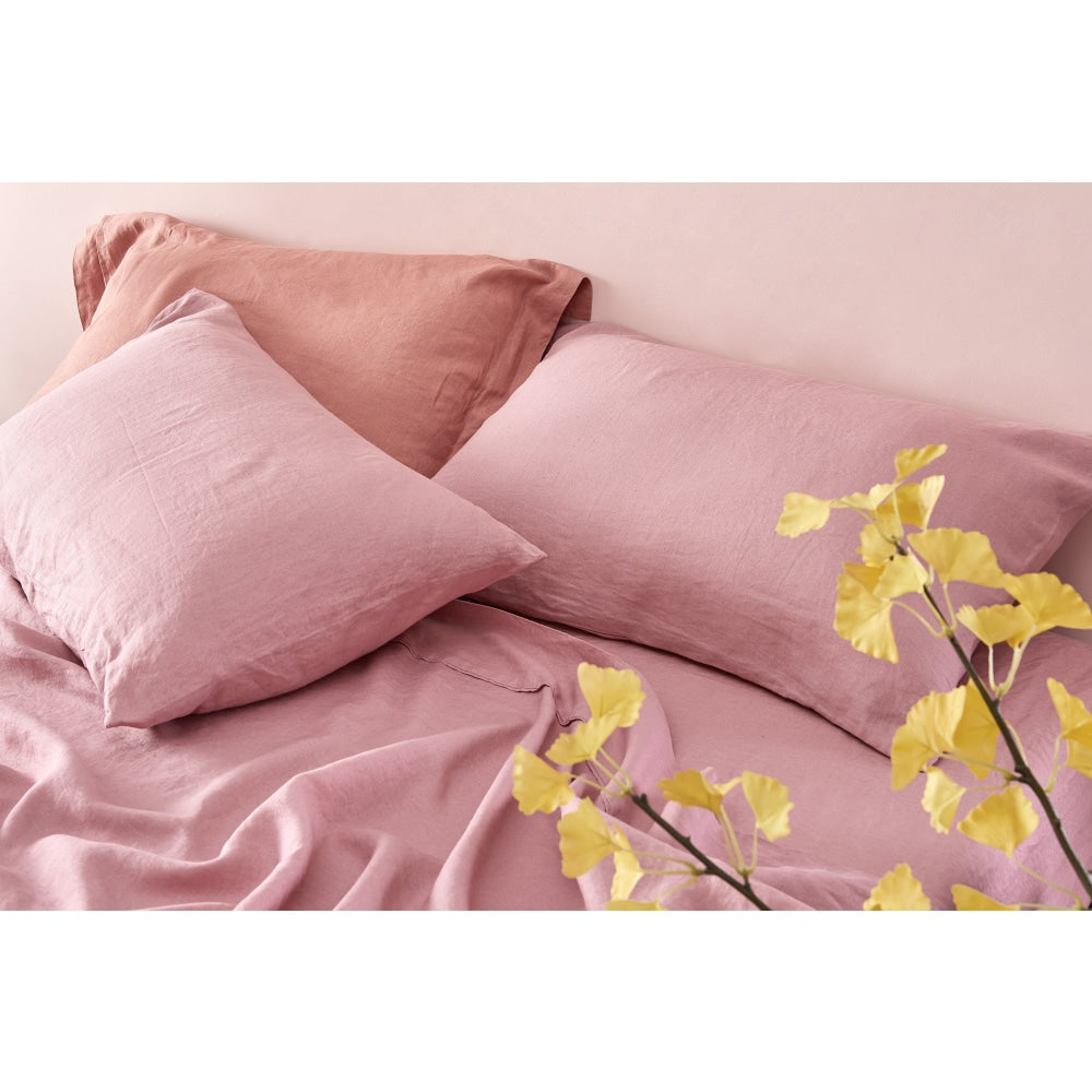 100% French Linen Bed Sheet Set - Breathable & Soft Double Size in Rose Pink | Perfect for Luxury Bedroom, Guest Room & Airbnb Stays