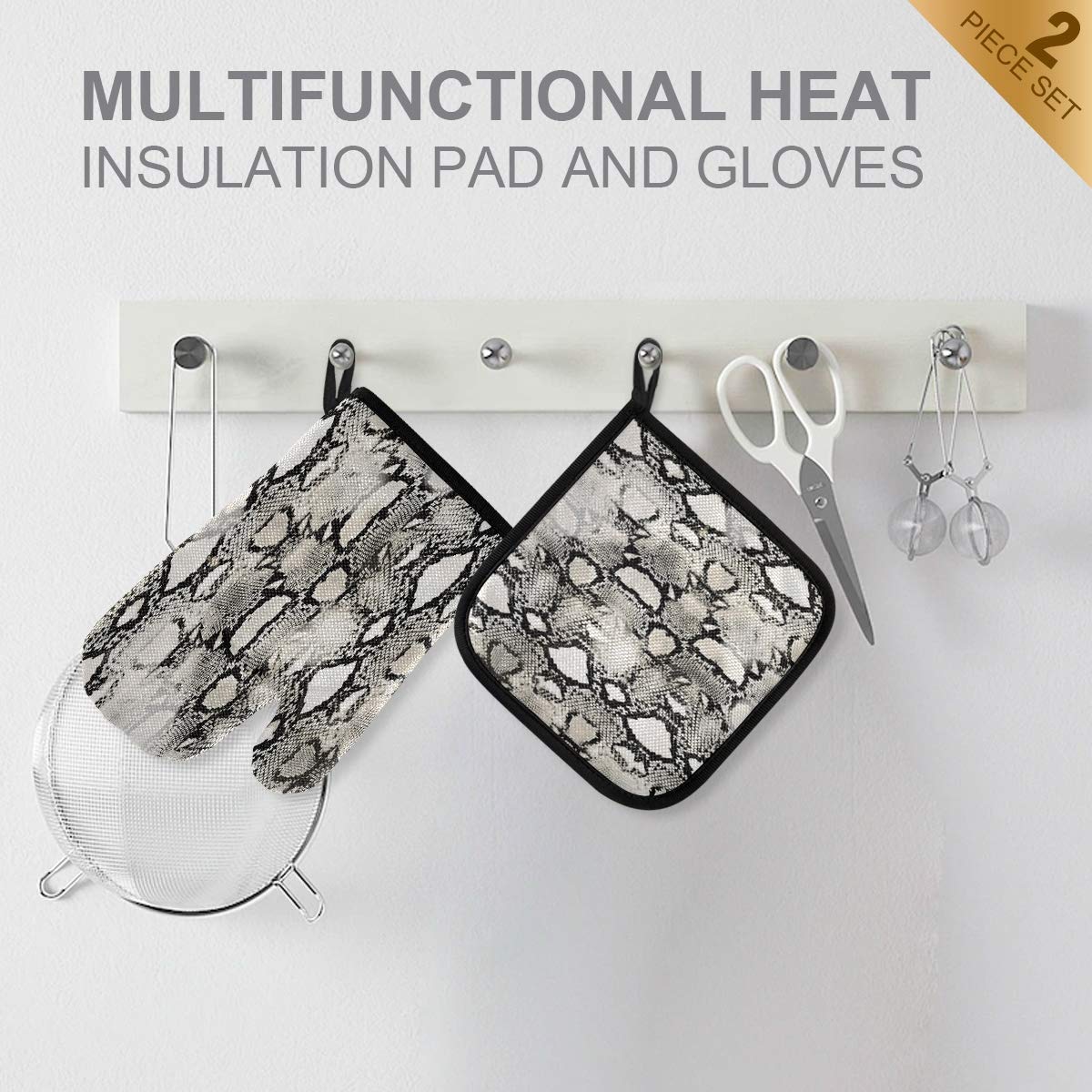 Gray Snake Print Oven Mitts and Pot Holders Set of 2 - Heat Resistant & Non-Slip Kitchen Gloves for Cooking, Baking, BBQ, Grilling - Perfect for Baking Cookies, Handling Hot Pans, and Outdoor Barbecues