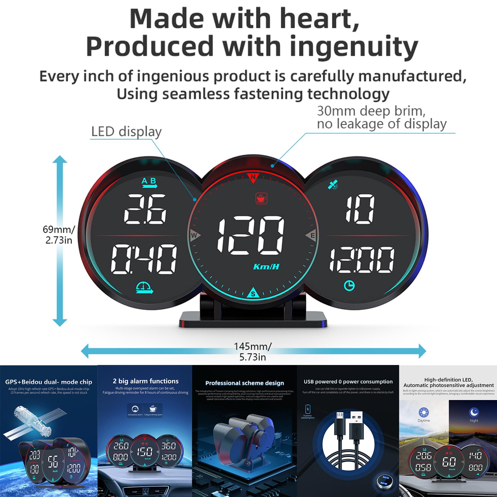 Universal Car HUD Head Up Display - Digital GPS Speedometer with 3 LCD Displays (MPH/KM/H), Compass, Time & Speeding Alerts | Driving Fatigue Warning for All Vehicles | Perfect for Road Trips & Night Driving
