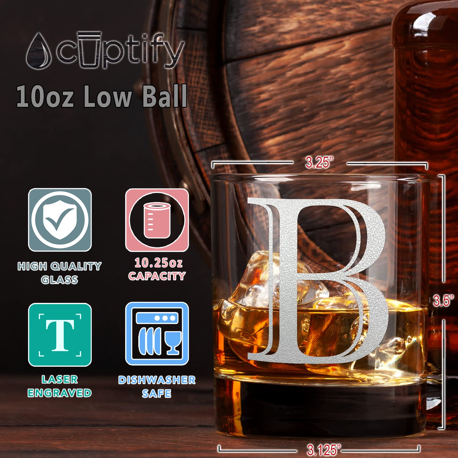 Personalized Monogram Initial Letter B Etched Whiskey Glass - 10.25 oz Rocks Cocktail Glass for Men & Women - Custom Engraved Barware Gift for Anniversary, Birthday & Housewarming - Perfect for Whiskey, Bourbon & Cocktail Parties