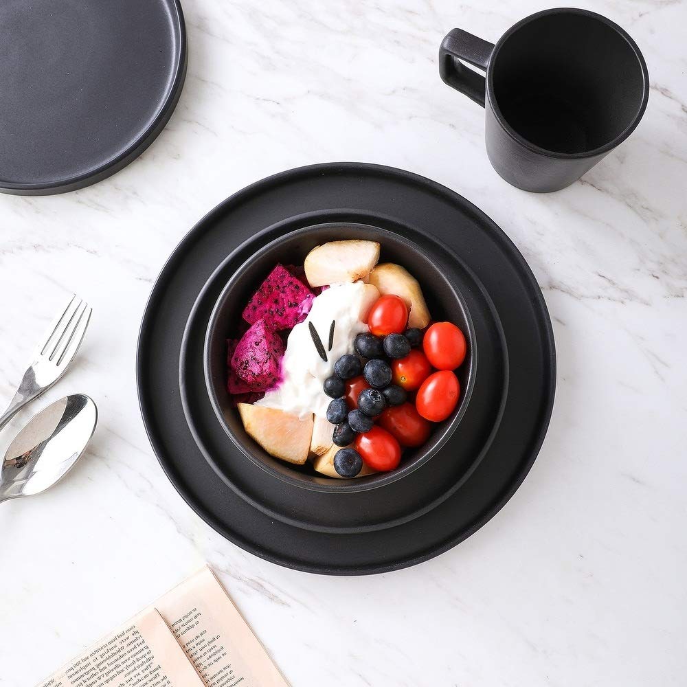 Premium 16-Piece Black Stoneware Dinnerware Set - Includes Dinner Plates, Salad Plates, Soup Bowls & Coffee Mugs - Elegant Table Setting for Family Meals, Dinner Parties & Restaurant Use