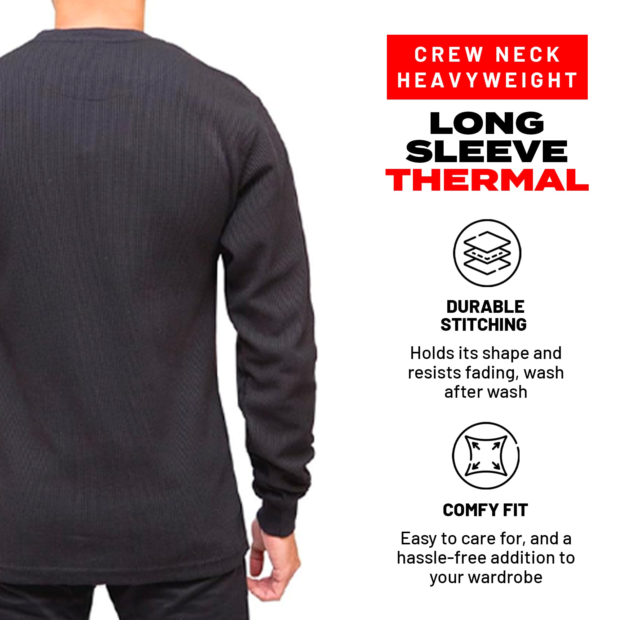 Heavyweight Crew Neck Thermal Shirts for Men - Rugged Waffle Knit Fabric Long Sleeve Shirt | Winter Base Layer, Outdoor Workwear & Casual Wear