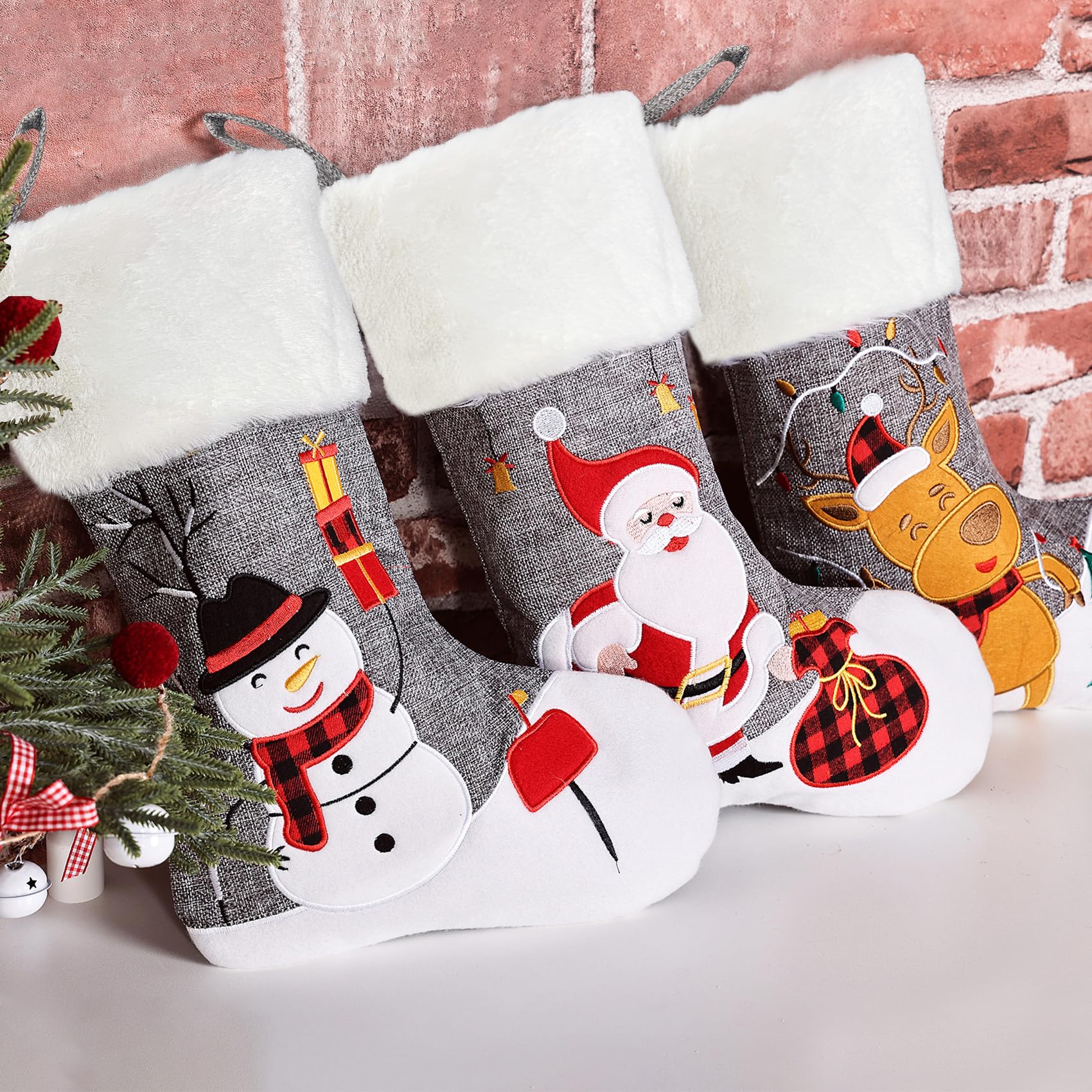 CARAKNOTS 3-Pack Grey Burlap Christmas Stockings with Embroidery Applique - Santa, Snowman & Elk Designs, Faux Fur Trim, Large Size for Kids, Family & Baby - Perfect for Fireplace Xmas Decor & Holiday Gift Giving