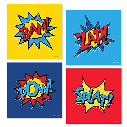 Superhero Action Words - Set of 4 Motivational 8x8 Poster Prints by Stephanie Marrott | Perfect for Kids' Rooms, Classrooms & Superhero Themed Decor