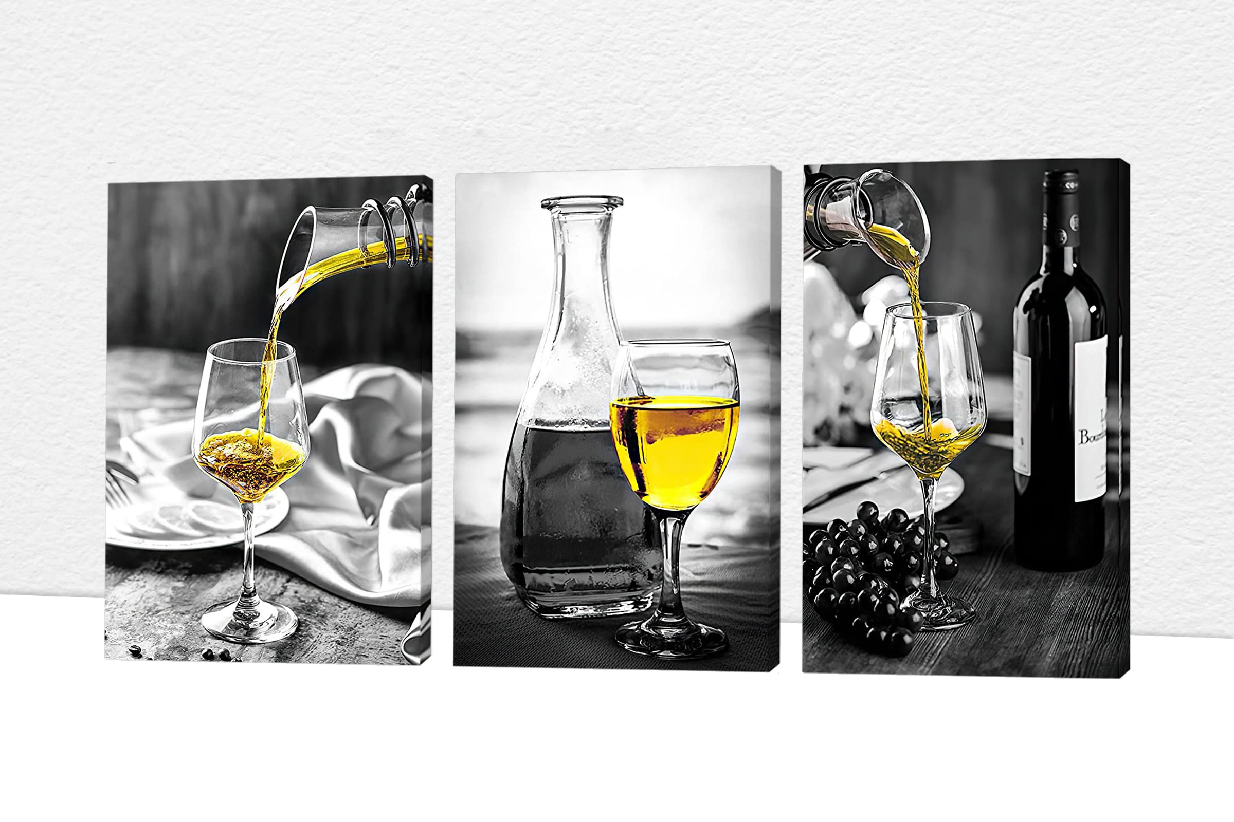 Modern Black & White Dining Room Wall Art - 3-Piece Canvas Prints of Yellow Wine Glasses (24x36 Inches) | Ready to Hang Kitchen & Living Room Decor | Perfect for Home Dining Areas & Entertaining Spaces