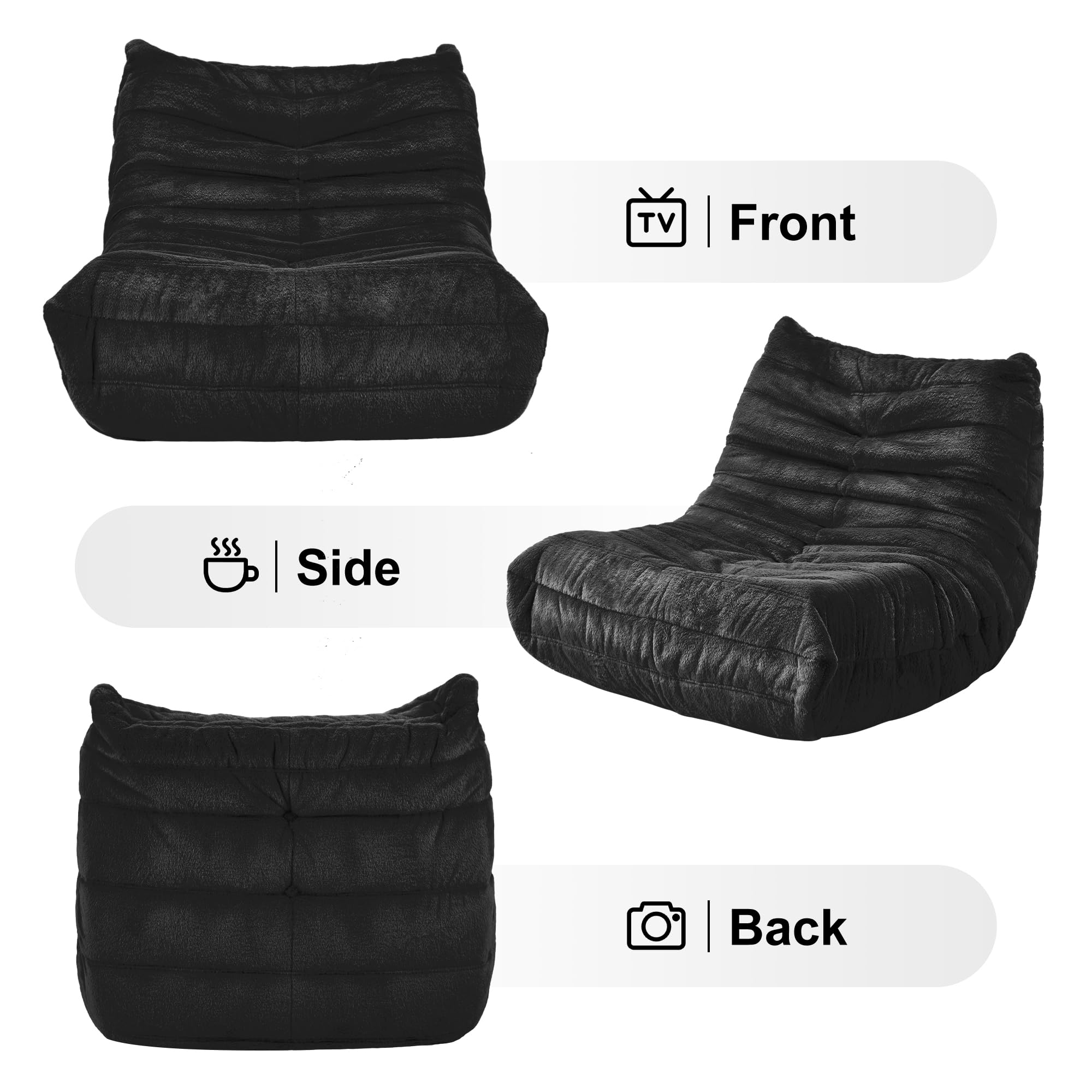 **Hobestluk Giant Memory Foam Bean Bag Chair for Adults - Soft Faux Fur Lazy Sofa, Large Comfy Lounger for Living Room, Bedroom, Dorm & Office - Perfect for Relaxing, Gaming & Movie Nights (Black Plush)**
