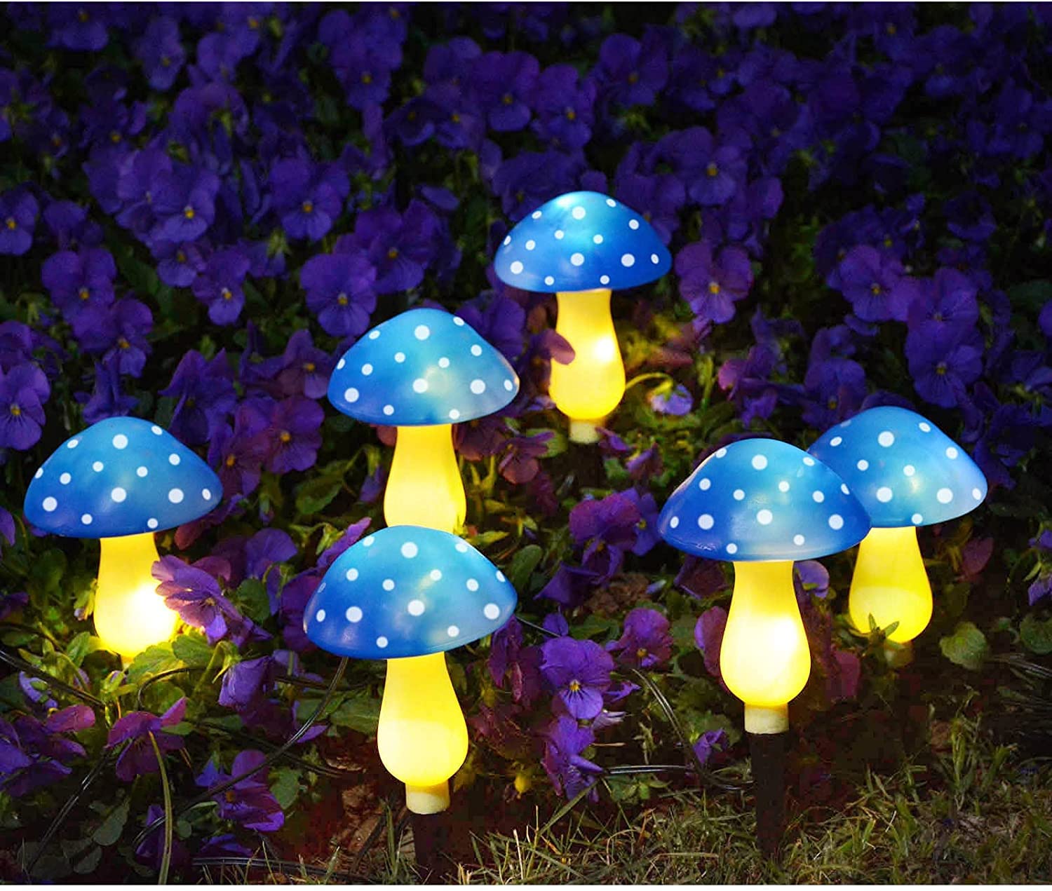 6-Pack Blue Solar Garden Lights - Waterproof Solar Powered Mushroom Stake Lights for Outdoor Yard, Lawn, Deck & Fence Decor - Perfect for Backyard Landscaping, Christmas & Halloween Decorations - Ideal for Pathway Lighting, Garden Accents & Seasonal Celebrations